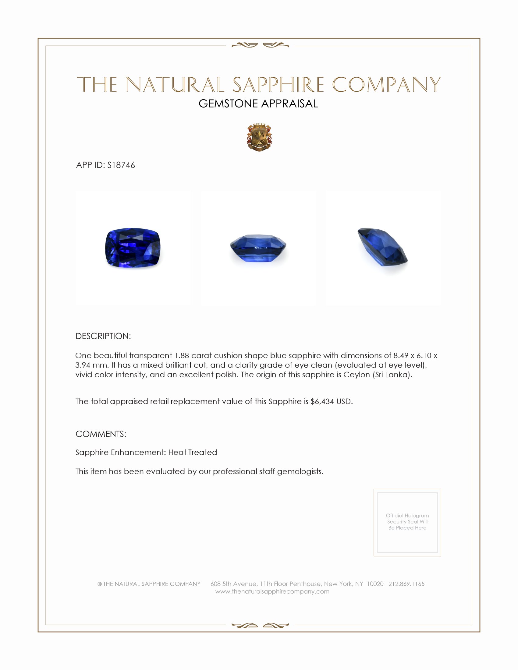 1.88 Ct. Blue Sapphire from Ceylon (Sri Lanka)