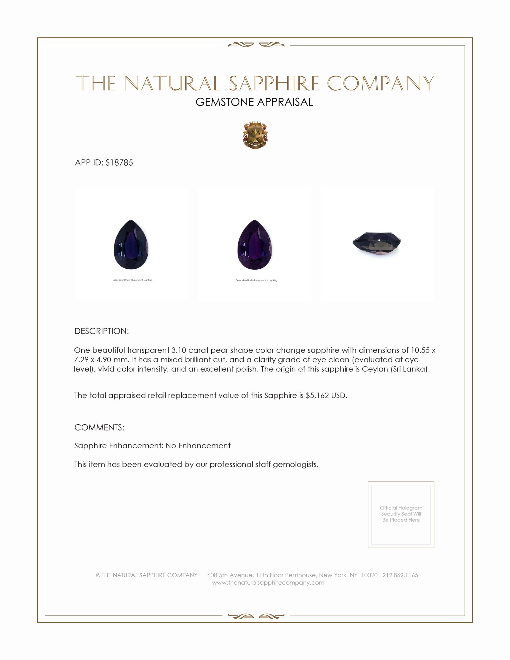 3.10 Ct. Color Change Sapphire from Ceylon (Sri Lanka)