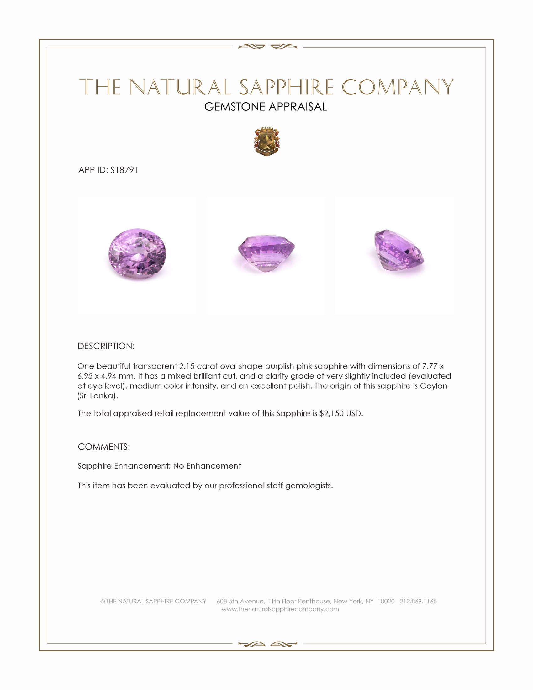 2.15 Ct. Purplish Pink Sapphire from Ceylon (Sri Lanka)