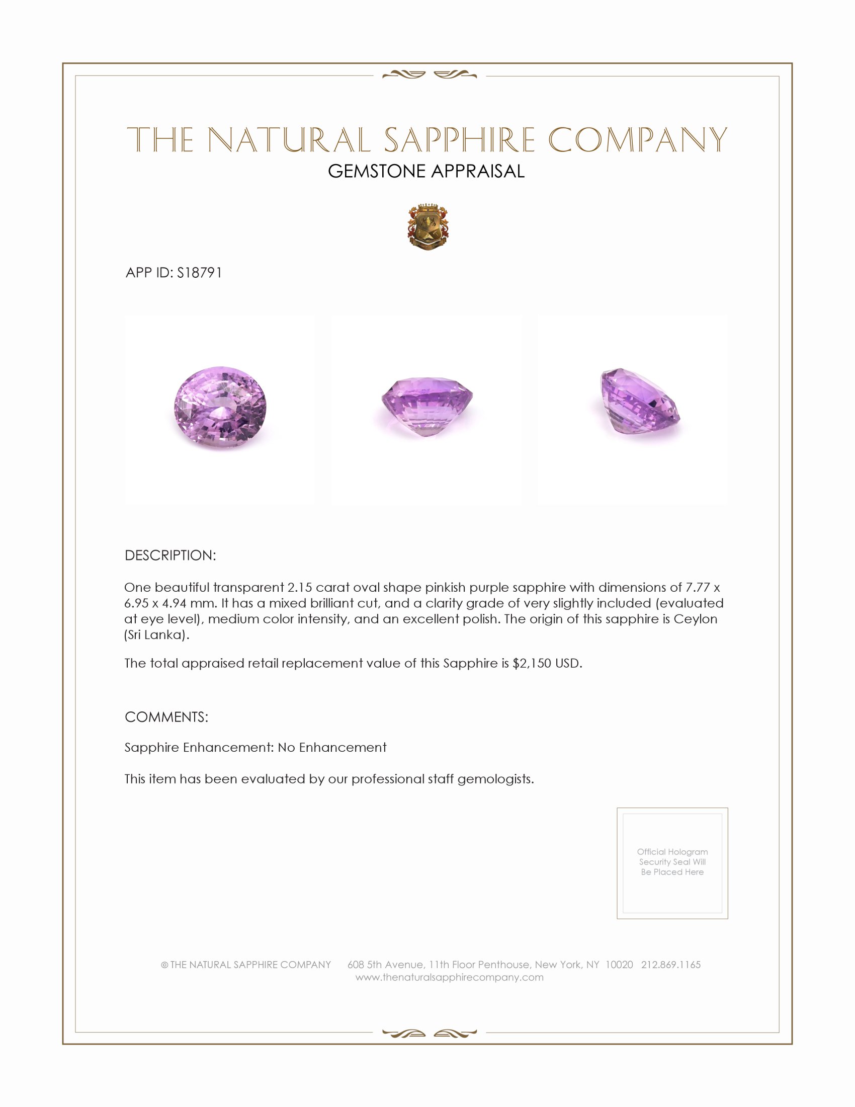 2.15 Ct. Pinkish Purple Sapphire from Ceylon (Sri Lanka)