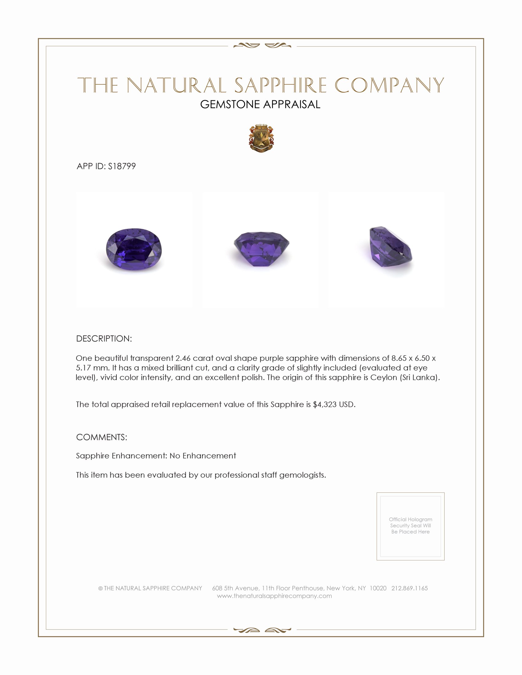 2.46 Ct. Bluish Purple Sapphire from Ceylon (Sri Lanka)