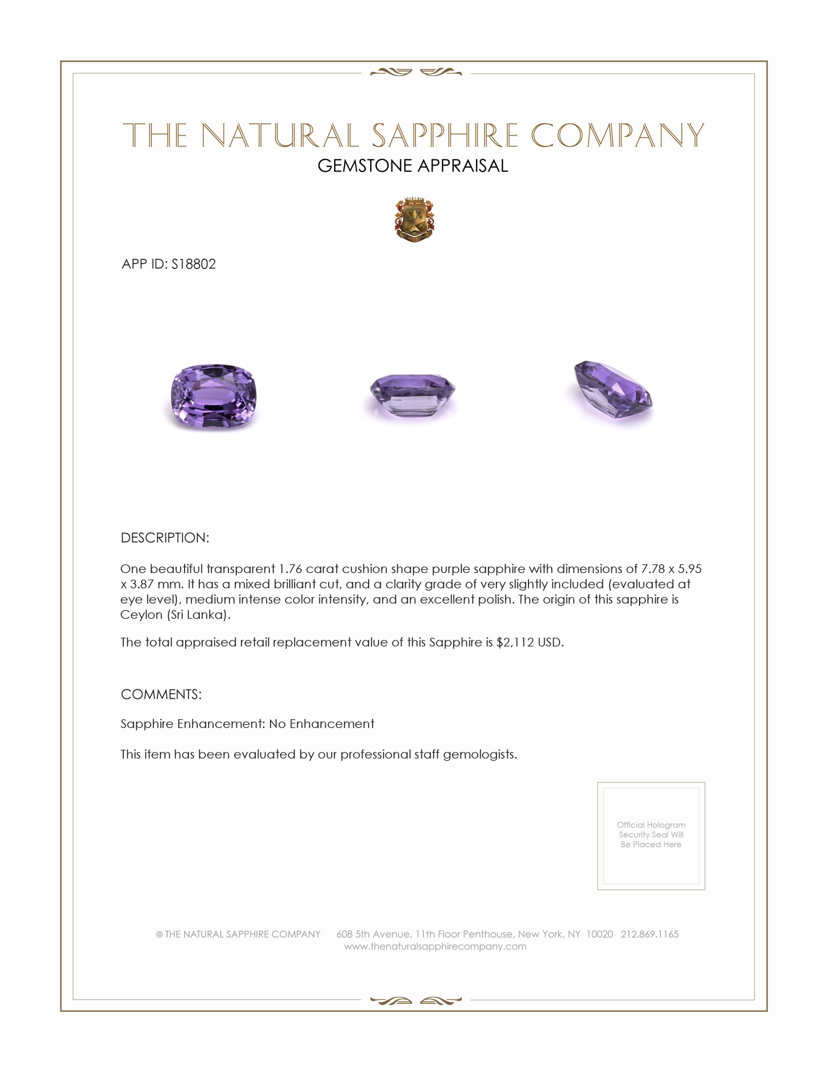 1.76 Ct. Purple Sapphire from Ceylon (Sri Lanka)