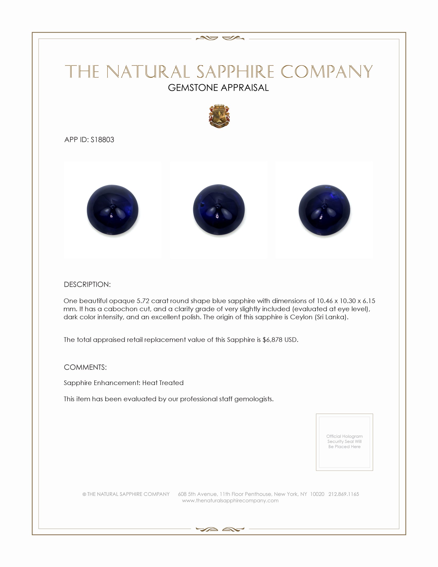 5.72 Ct. Blue Cabochon Sapphire from Ceylon (Sri Lanka)