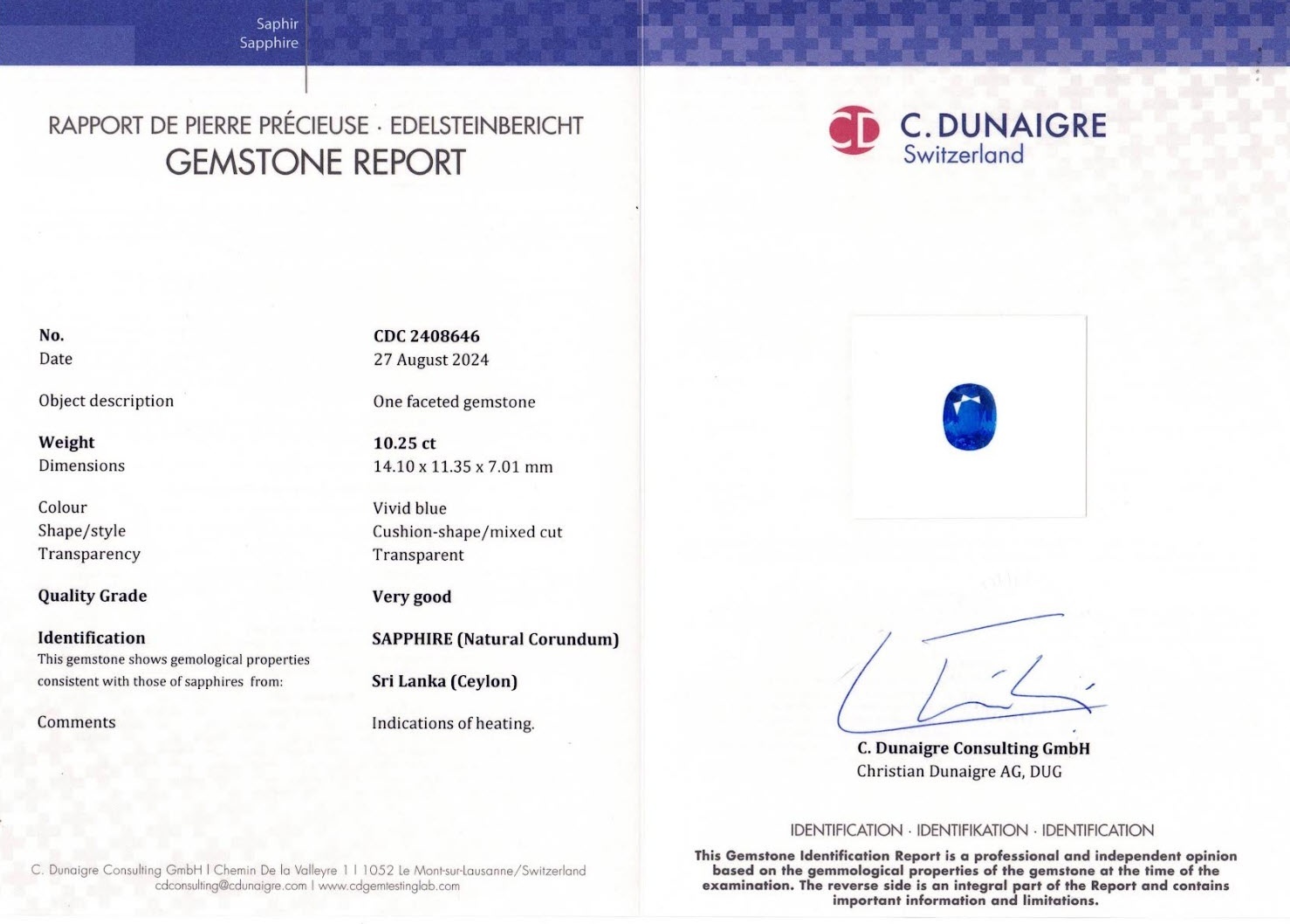 10.25 Ct. Blue Sapphire from Ceylon (Sri Lanka)