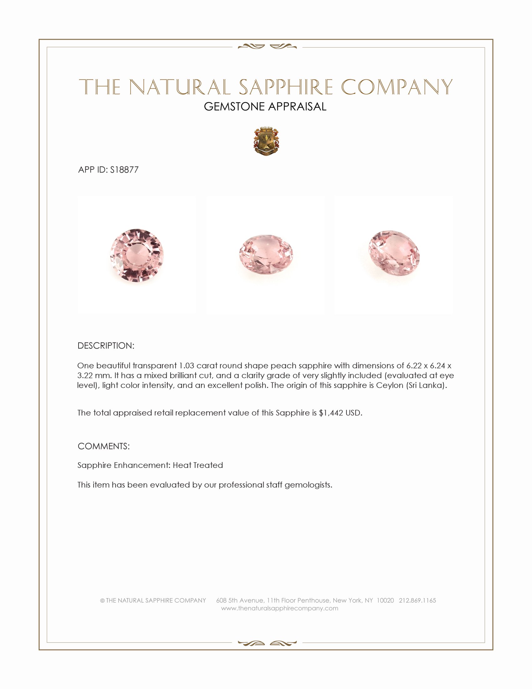 1.03 Ct. Peach Sapphire from Ceylon (Sri Lanka)