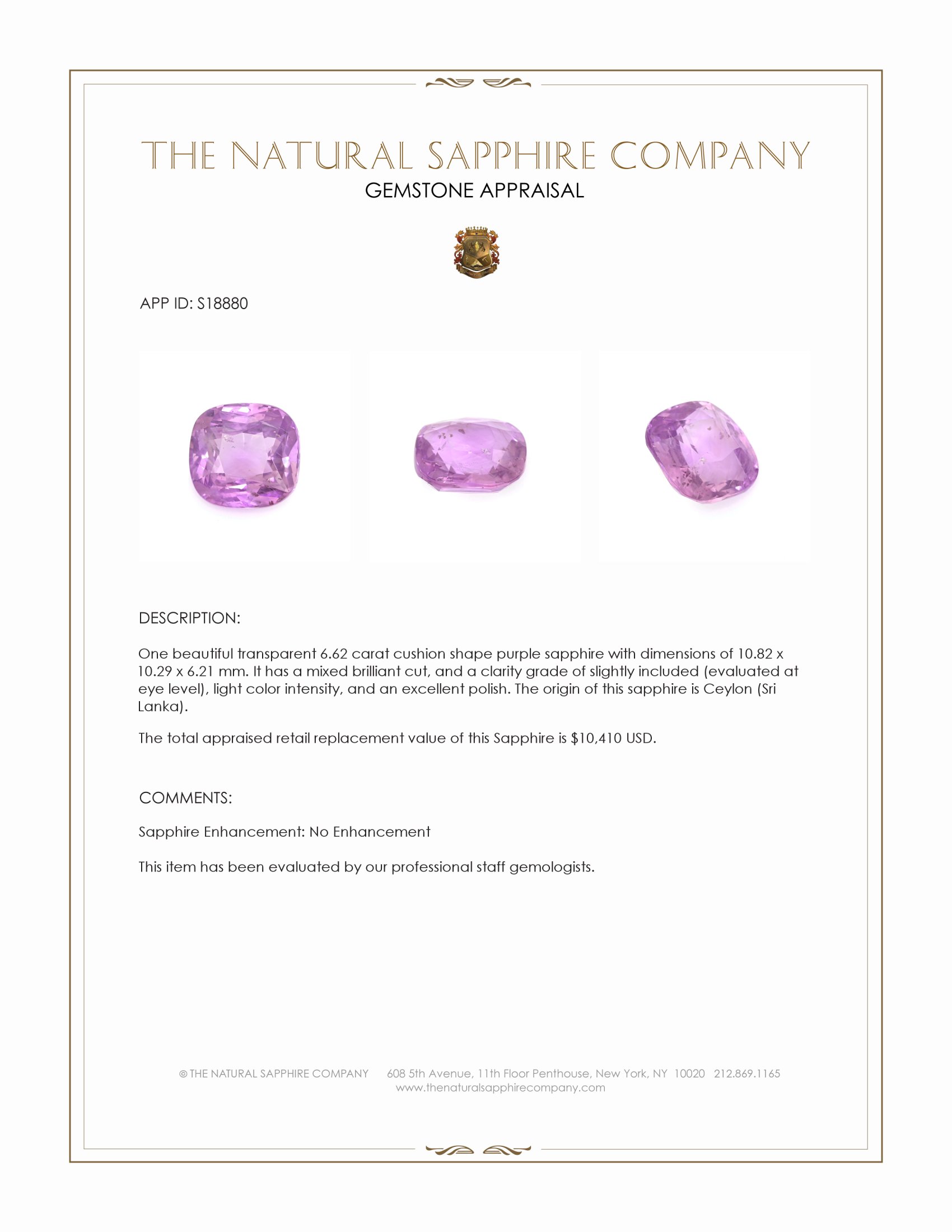 6.62 Ct. Purple Sapphire from Ceylon (Sri Lanka)