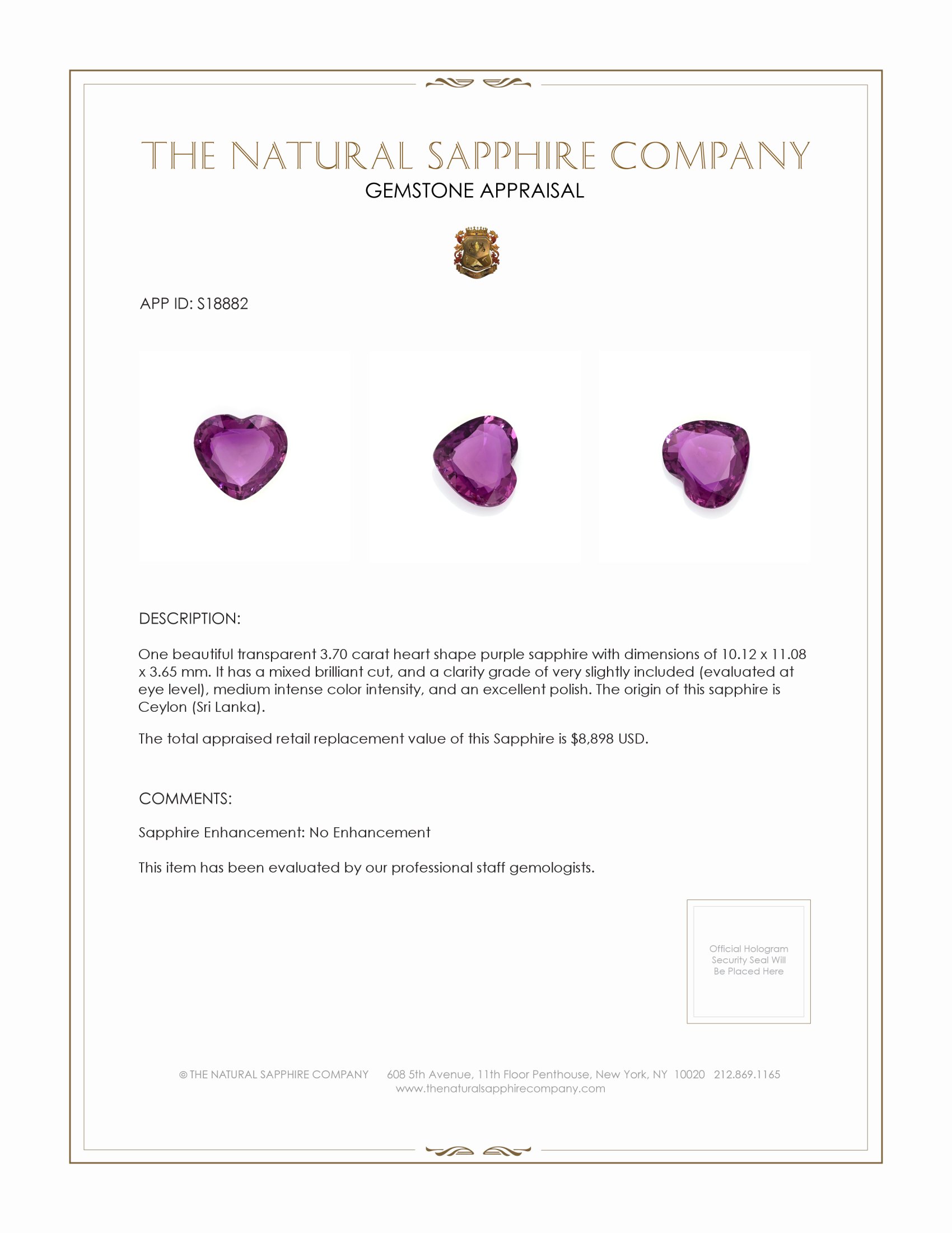 3.70 Ct. Purple Sapphire from Ceylon (Sri Lanka)