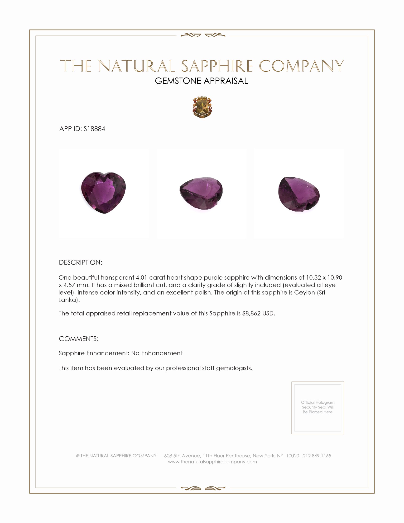 4.01 Ct. Purple Sapphire from Ceylon (Sri Lanka)