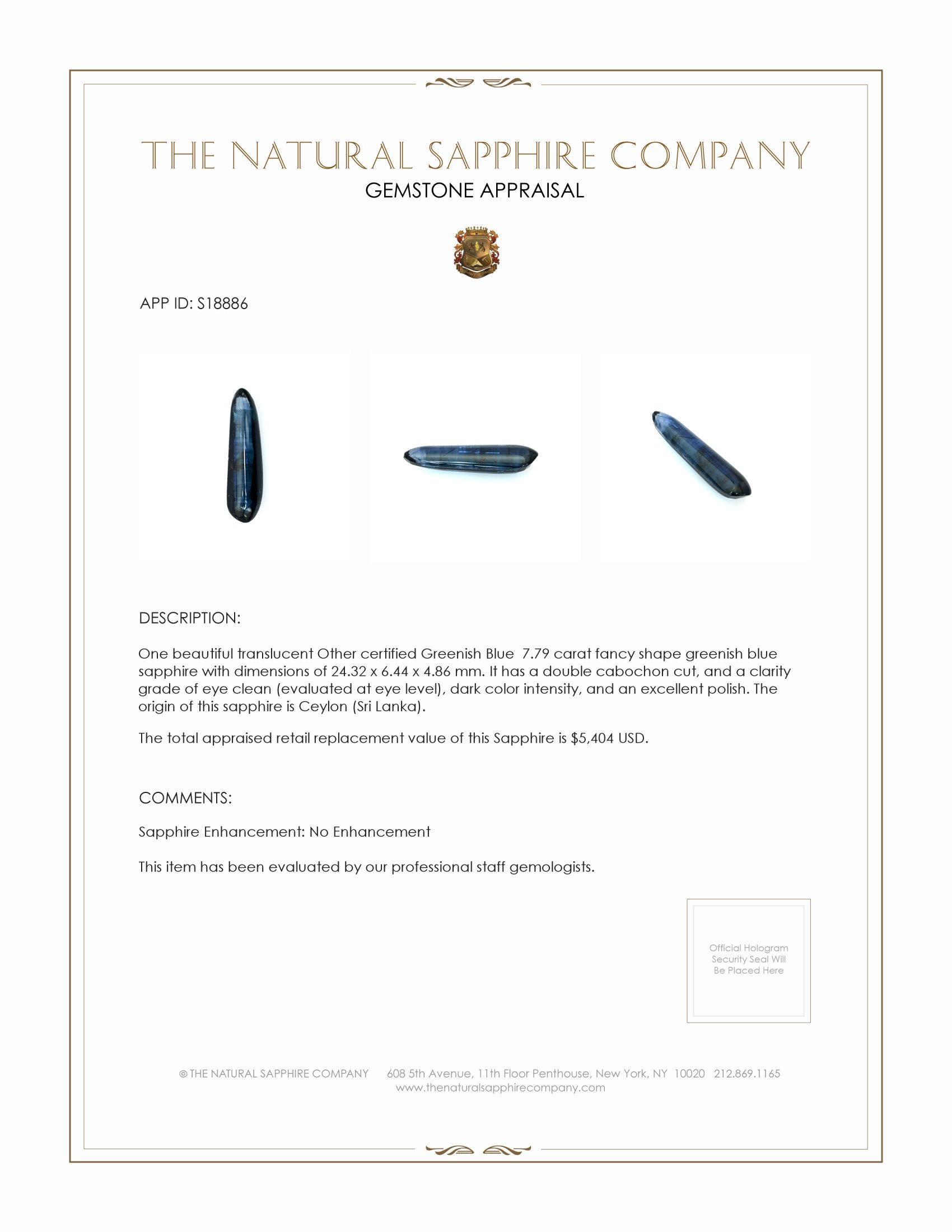 7.79 Ct. Greenish Blue Cabochon Sapphire from Ceylon (Sri Lanka)