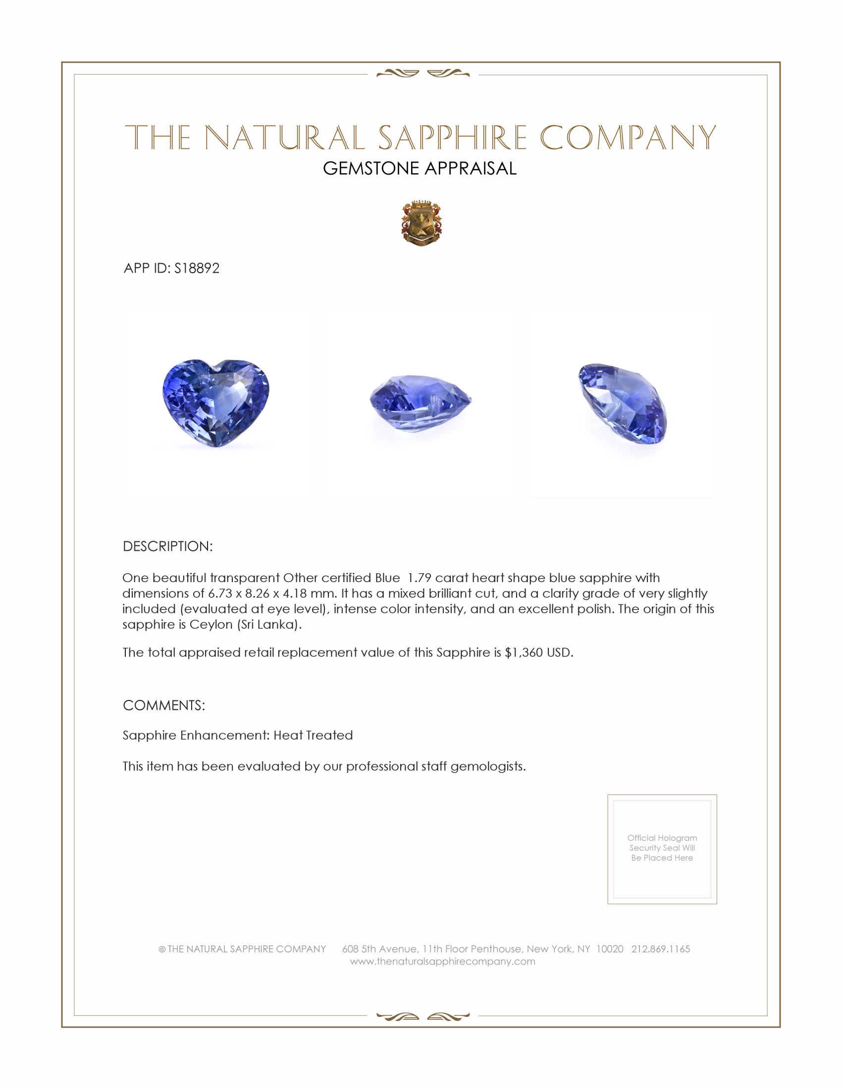 1.79 Ct. Blue Sapphire from Ceylon (Sri Lanka)