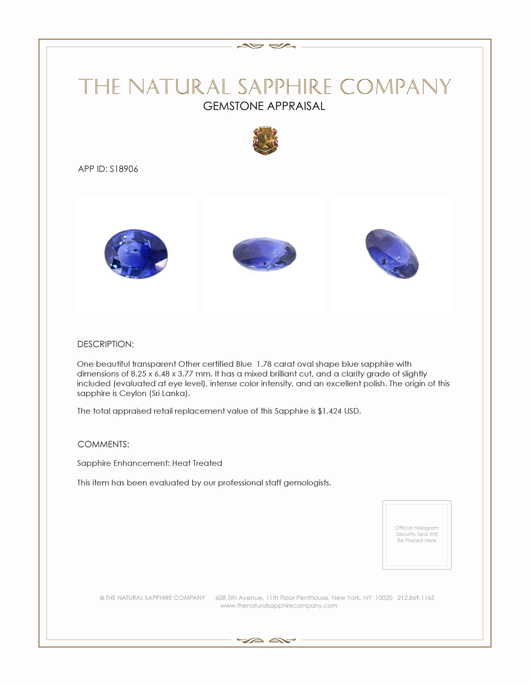 1.78 Ct. Blue Sapphire from Ceylon (Sri Lanka)