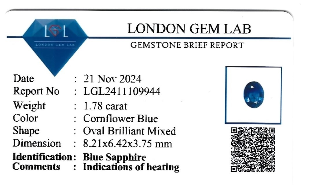 1.78 Ct. Blue Sapphire from Ceylon (Sri Lanka)