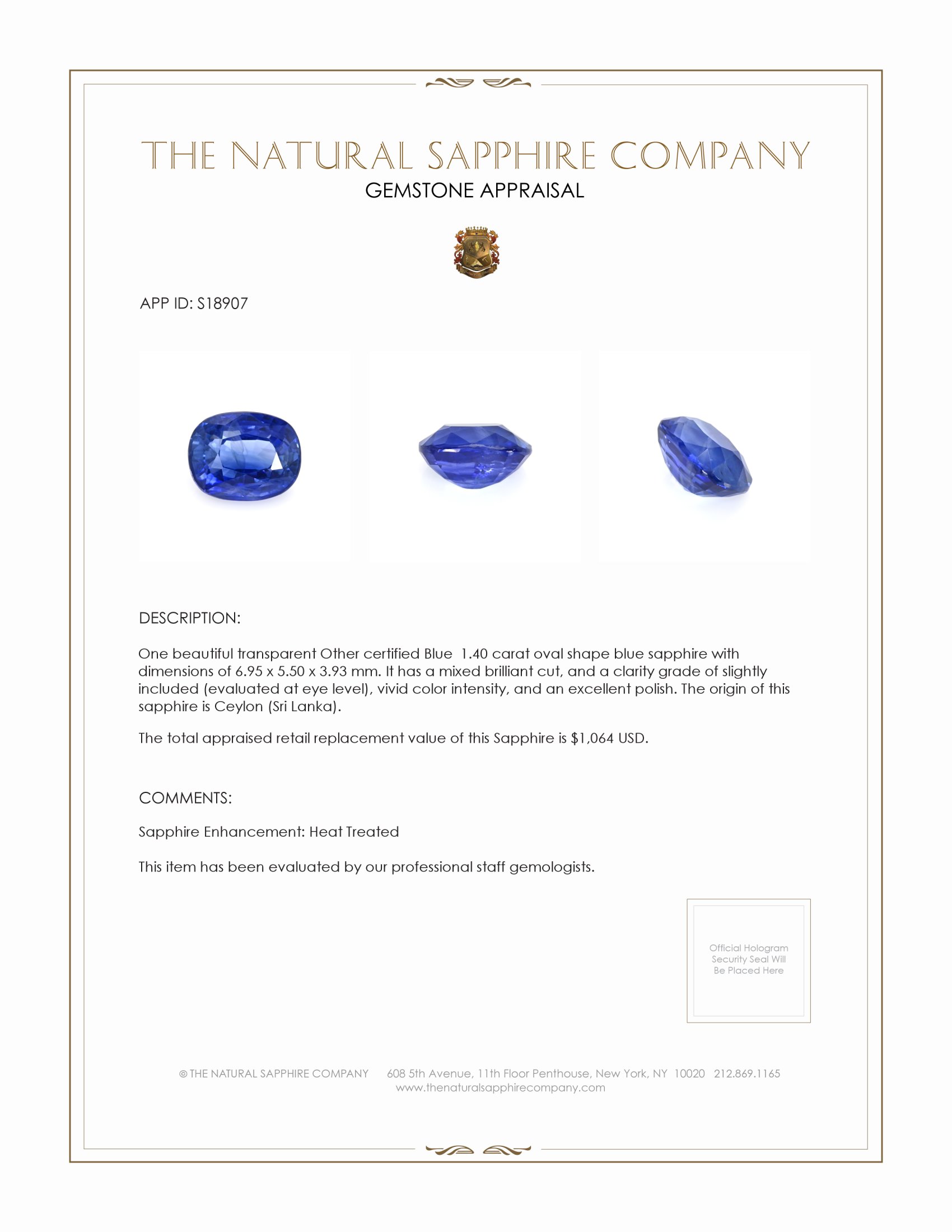 1.40 Ct. Blue Sapphire from Ceylon (Sri Lanka)
