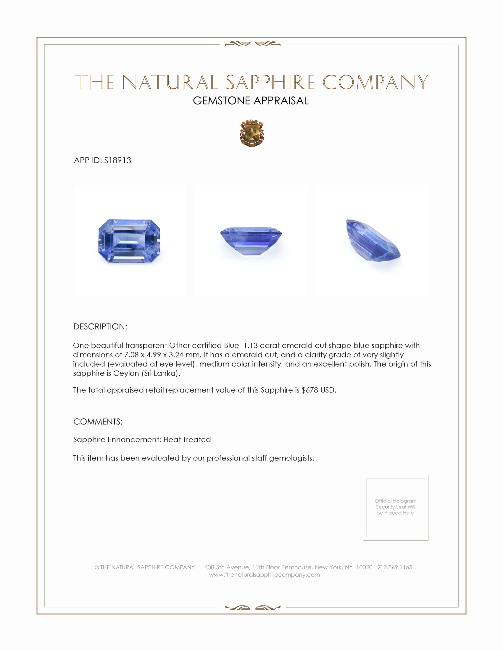 1.13 Ct. Blue Sapphire from Ceylon (Sri Lanka)