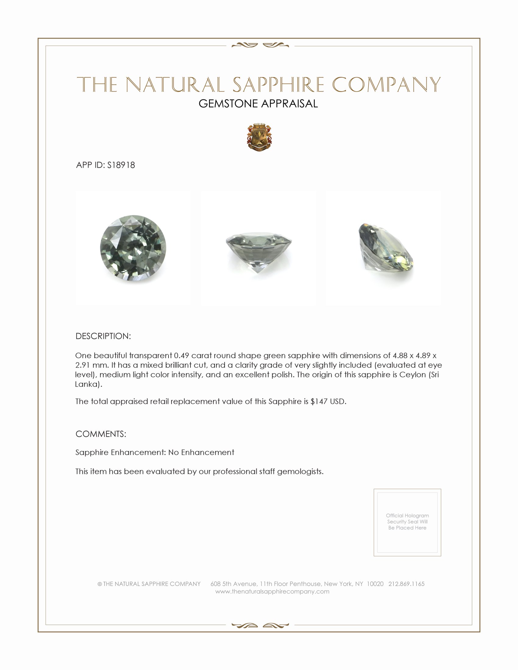 0.49 Ct. Green Sapphire from Ceylon (Sri Lanka)