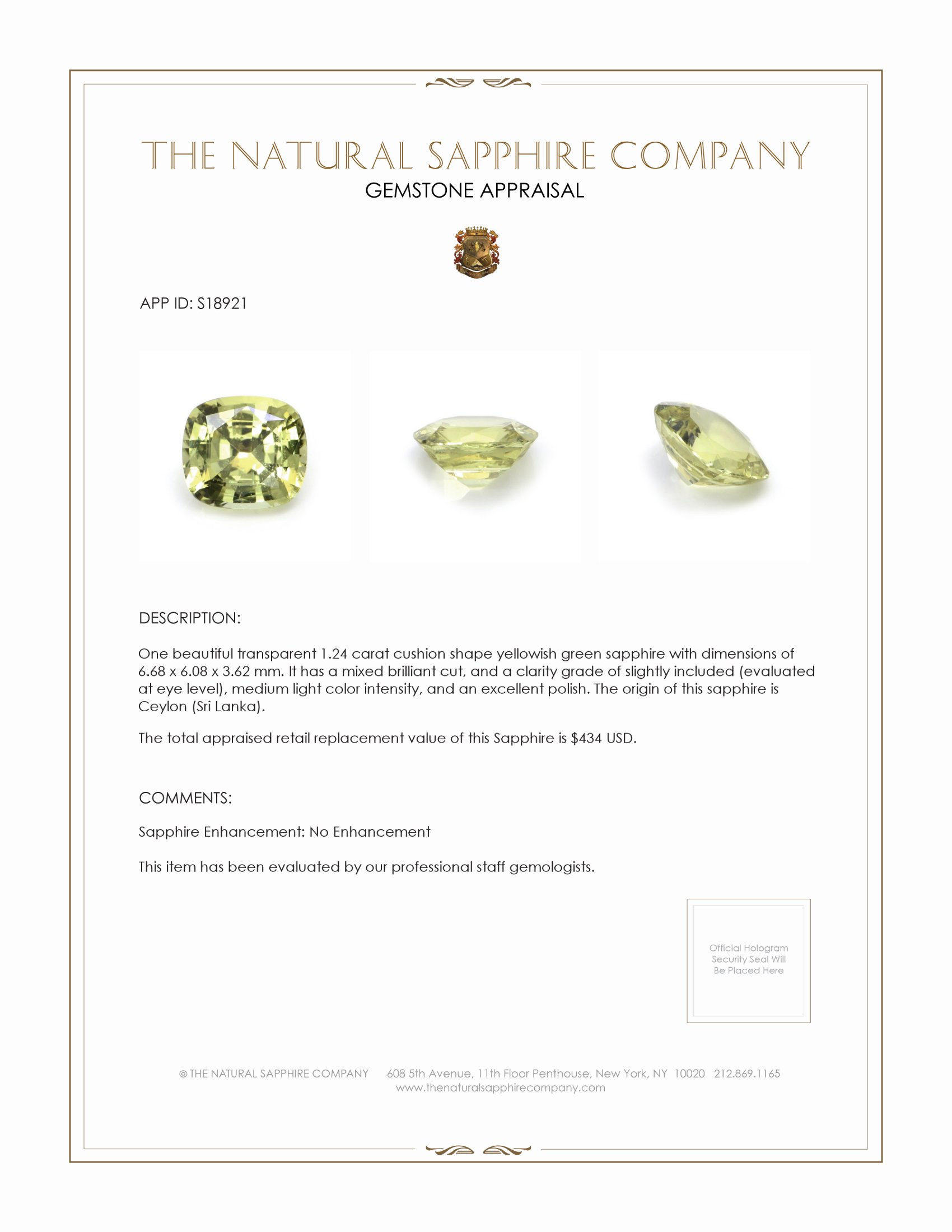 1.24 Ct. Yellowish Green Sapphire from Ceylon (Sri Lanka)