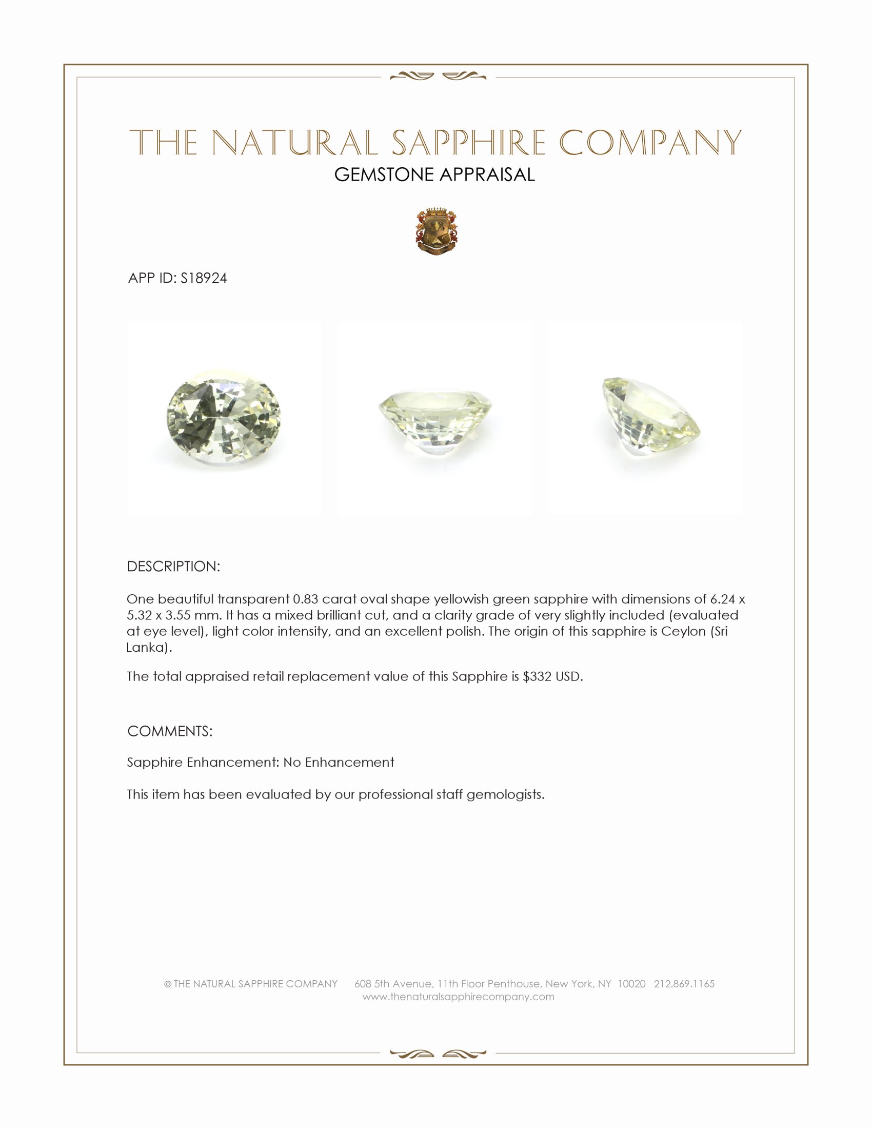 0.83 Ct. Yellowish Green Sapphire from Ceylon (Sri Lanka)