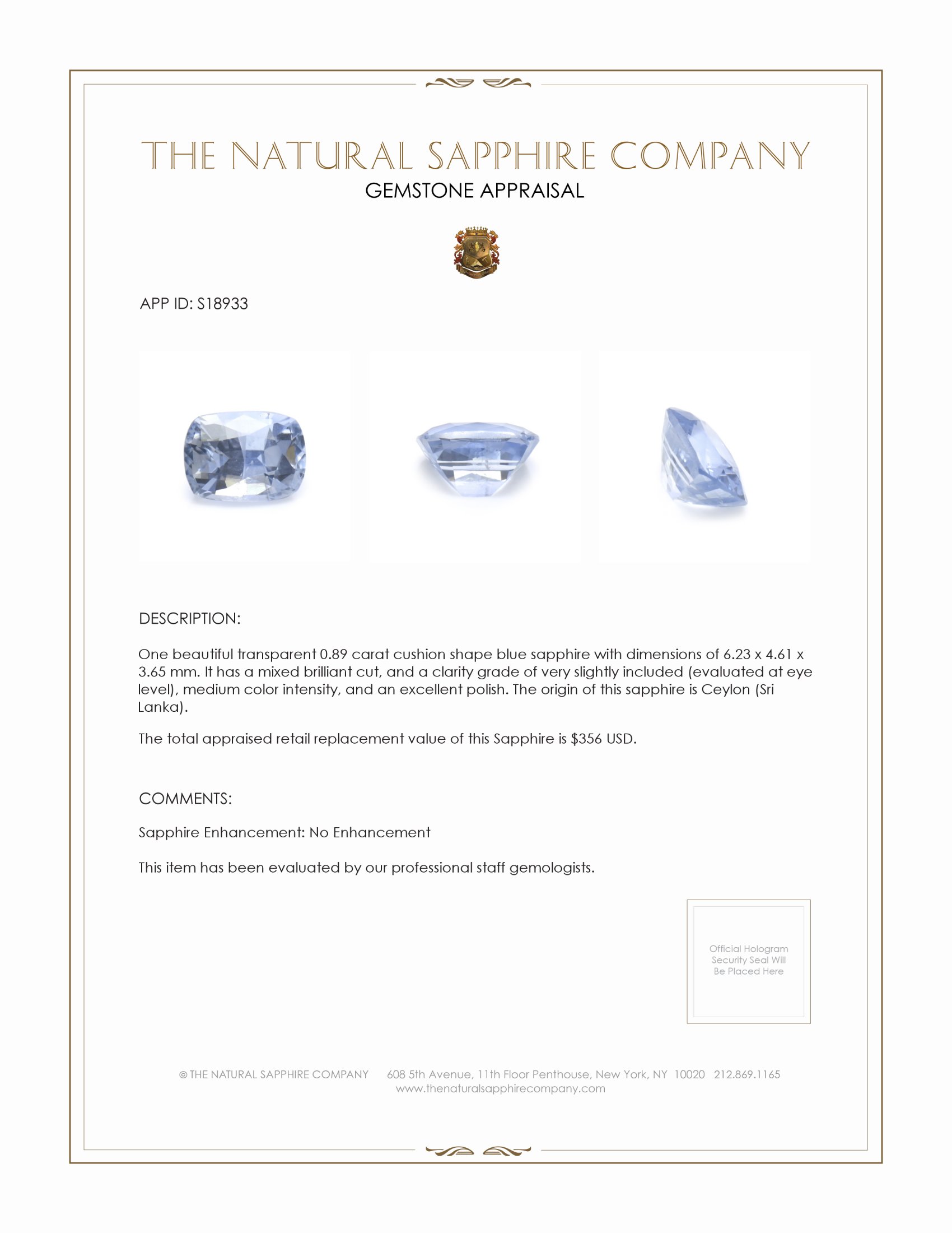 0.89 Ct. Blue Sapphire from Ceylon (Sri Lanka)