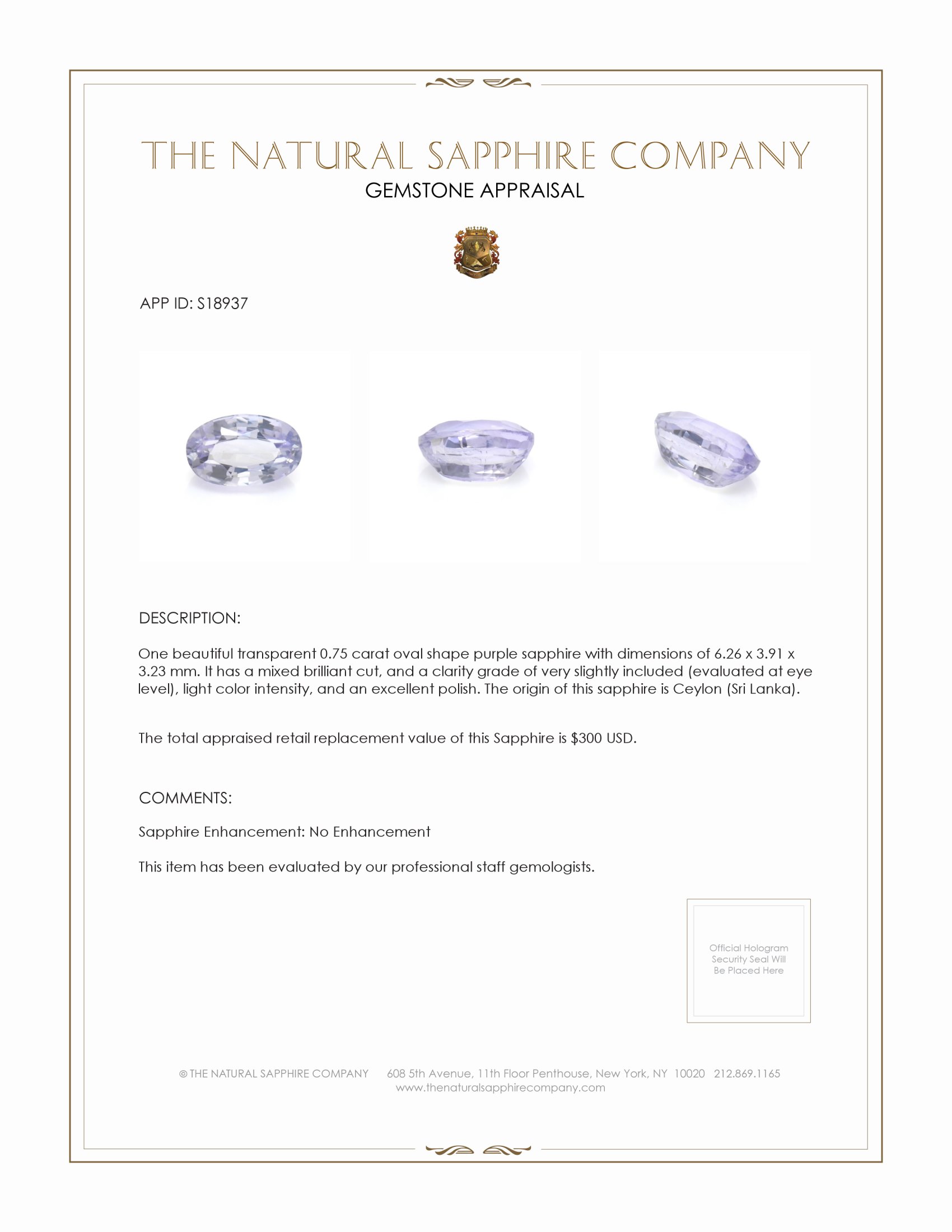 0.75 Ct. Purple Sapphire from Ceylon (Sri Lanka)