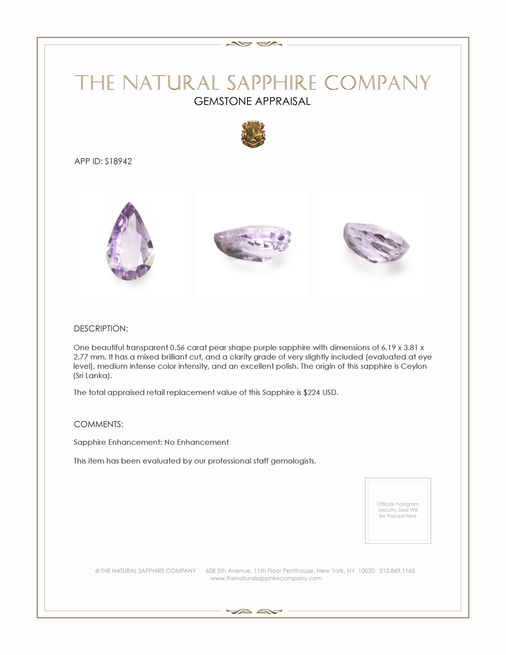 0.56 Ct. Purple Sapphire from Ceylon (Sri Lanka)