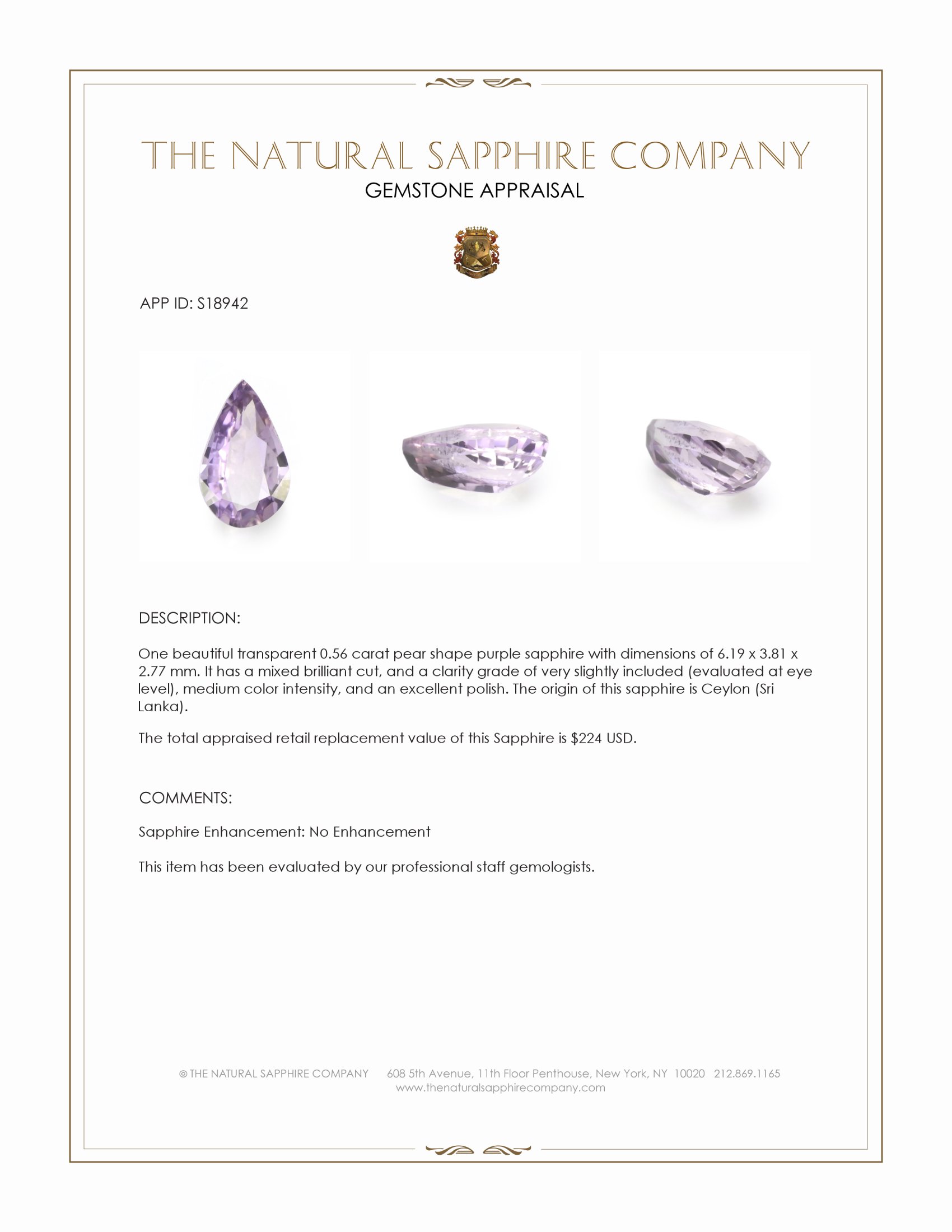 0.56 Ct. Purple Sapphire from Ceylon (Sri Lanka)