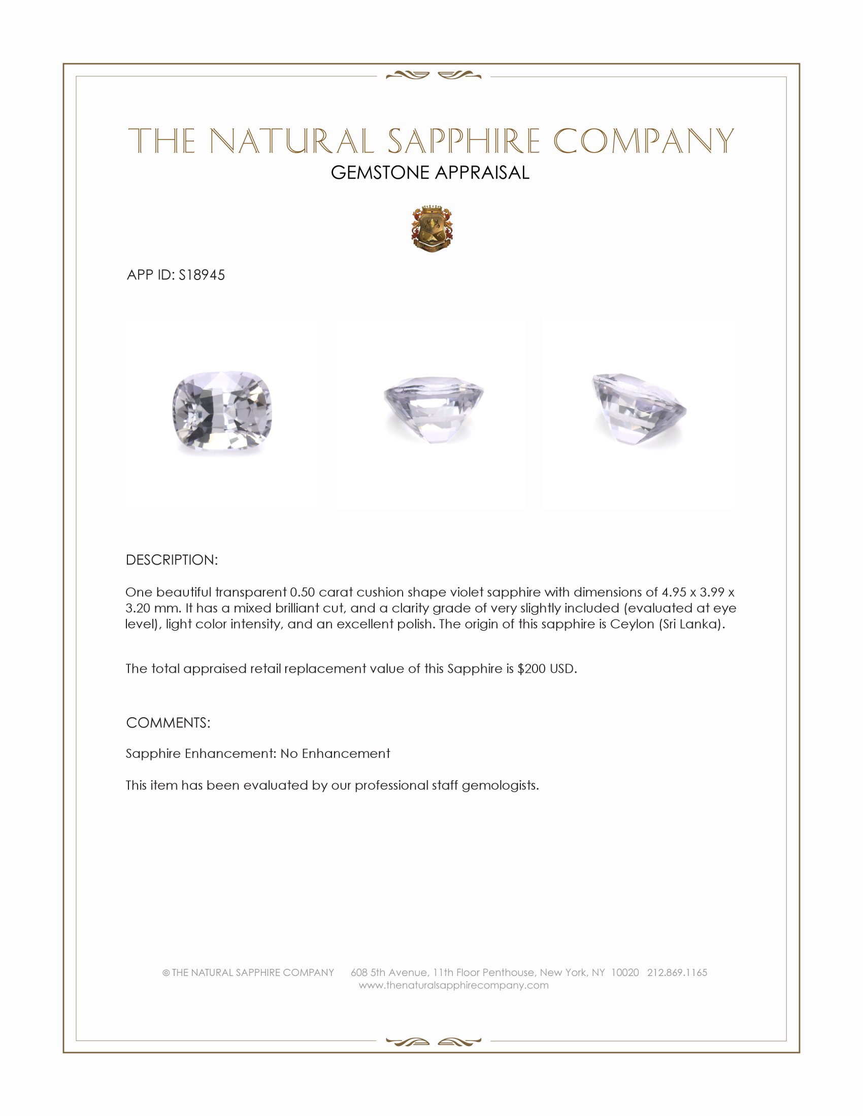 0.50 Ct. Violet Sapphire from Ceylon (Sri Lanka)