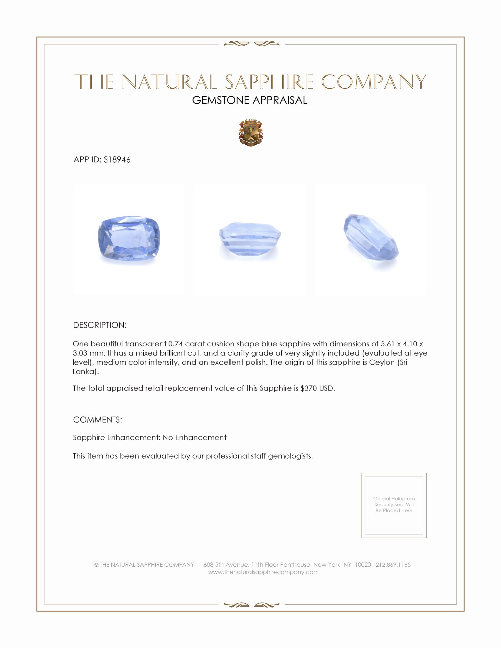 0.74 Ct. Blue Sapphire from Ceylon (Sri Lanka)