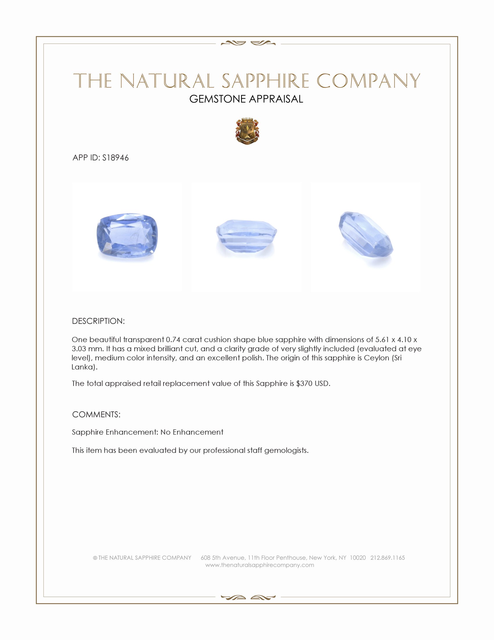0.74 Ct. Blue Sapphire from Ceylon (Sri Lanka)