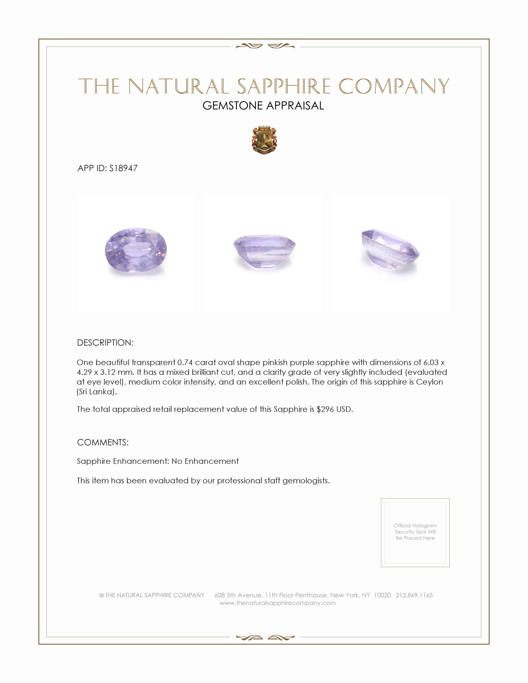 0.74 Ct. Pinkish Purple Sapphire from Ceylon (Sri Lanka)