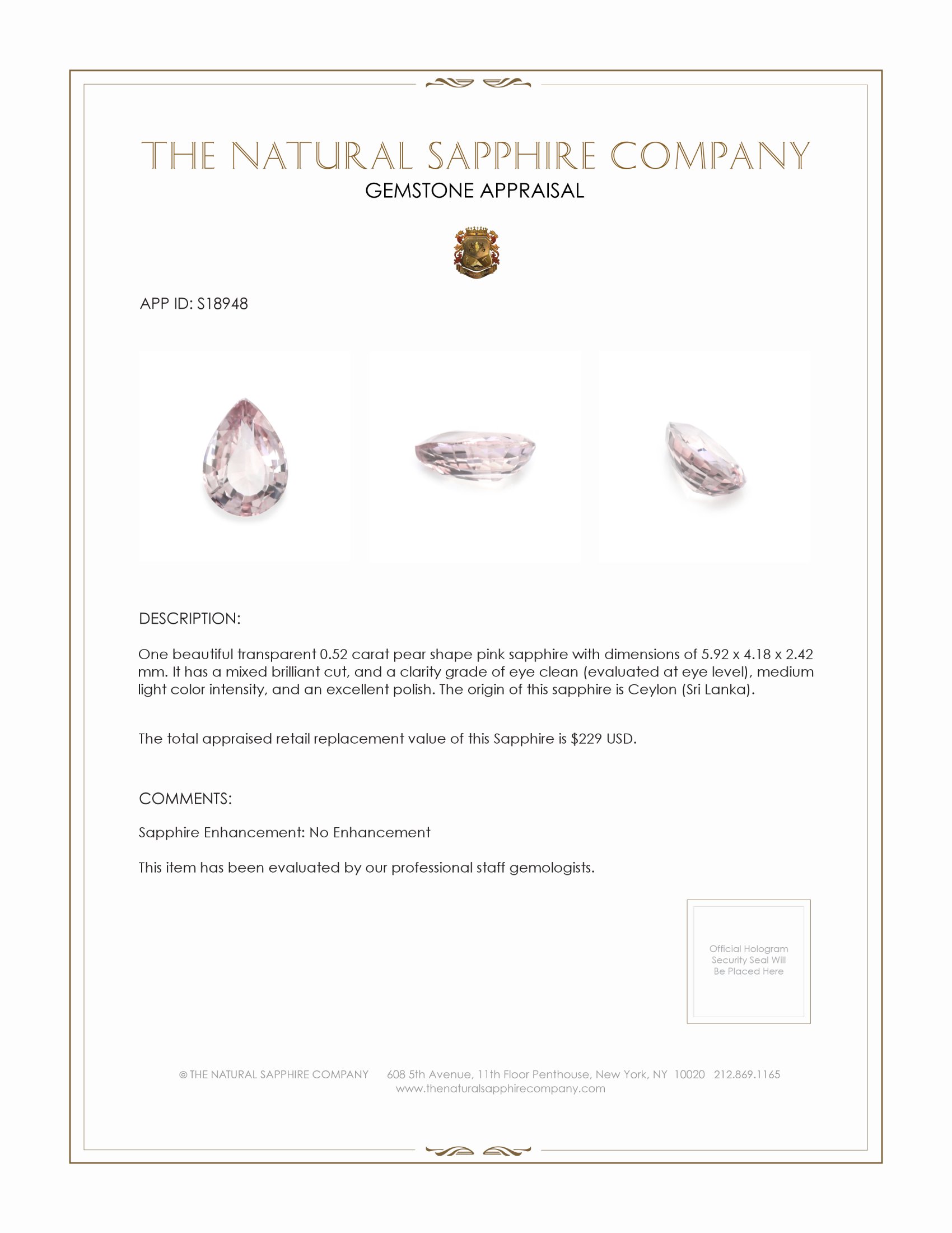 0.52 Ct. Pink Sapphire from Ceylon (Sri Lanka)