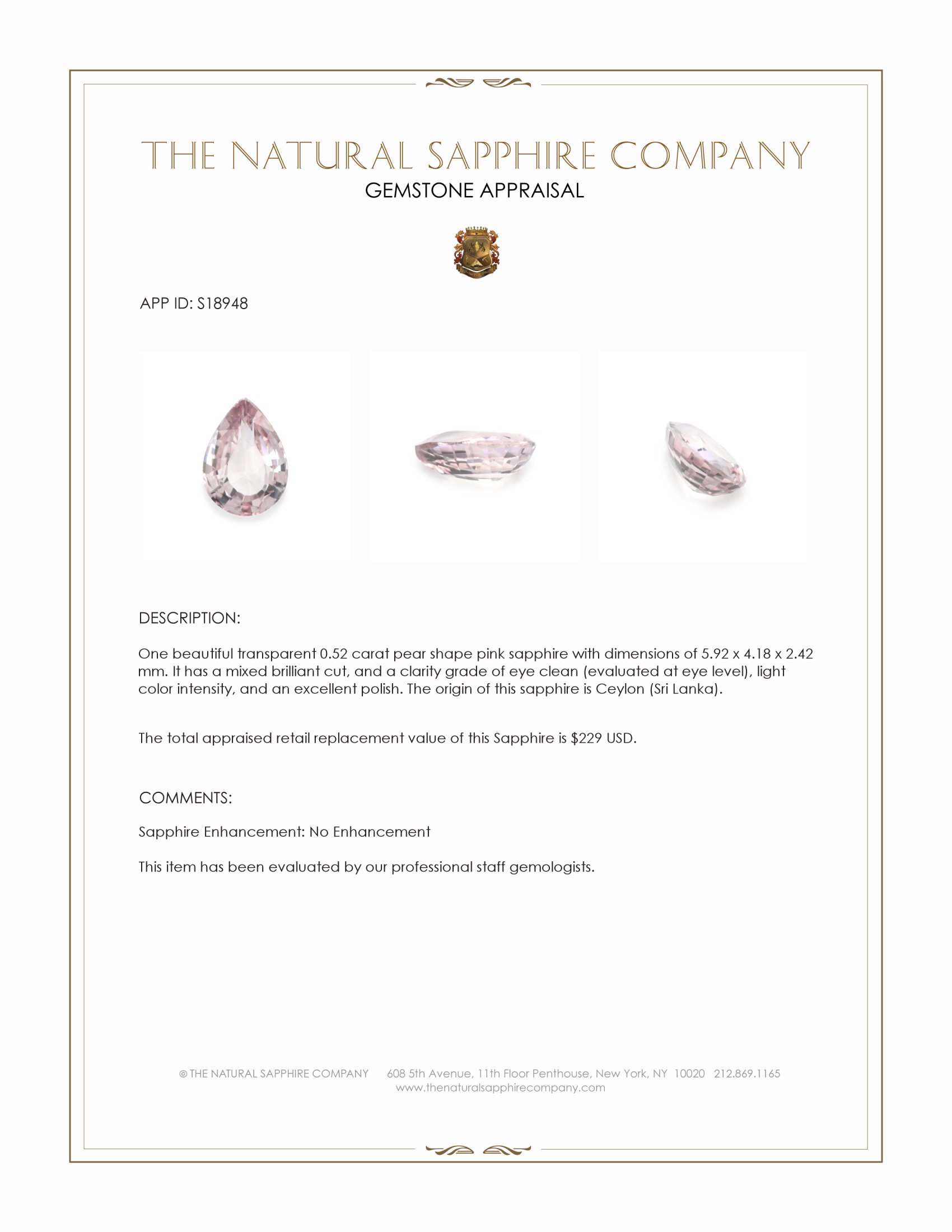 0.52 Ct. Pink Sapphire from Ceylon (Sri Lanka)