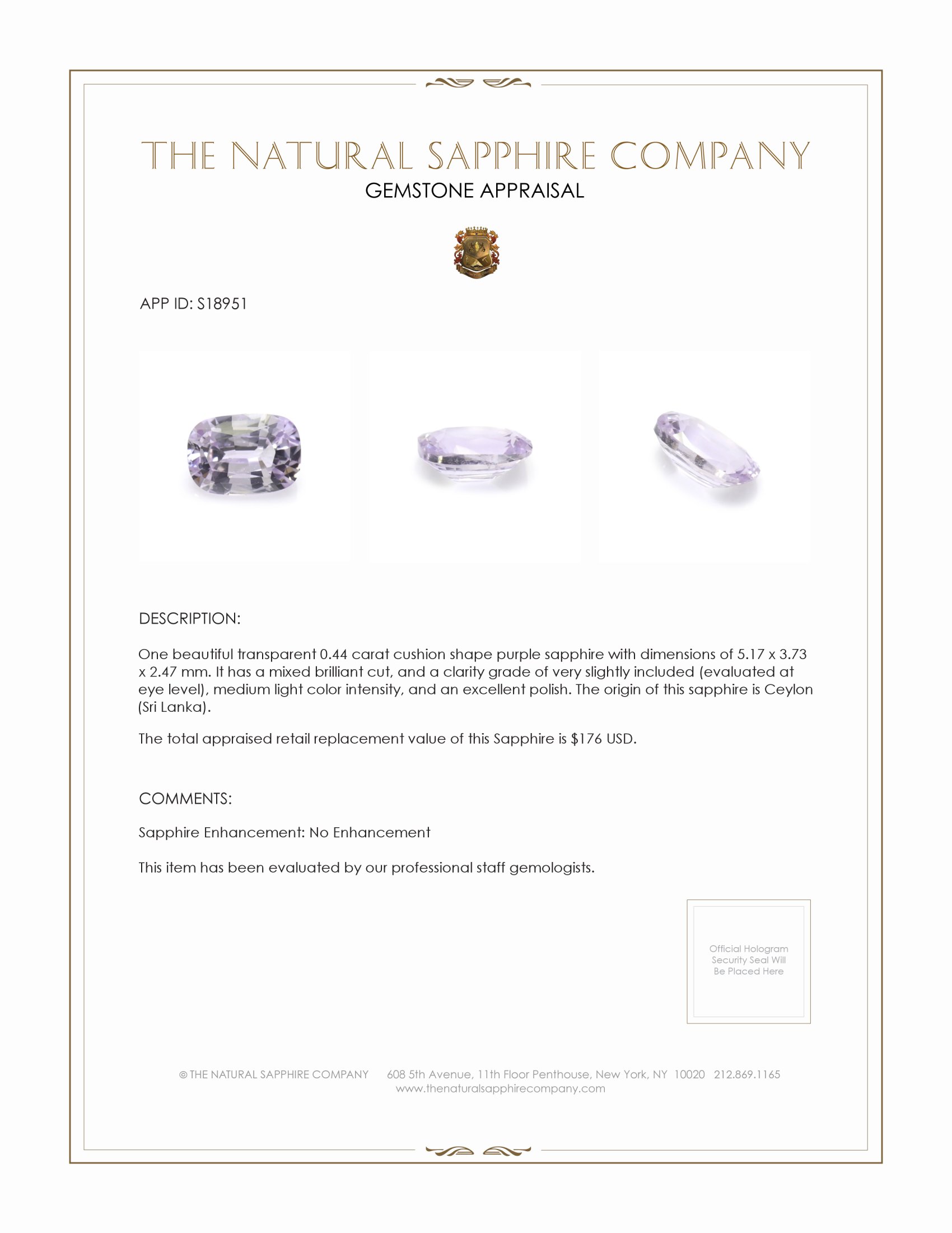 0.44 Ct. Purple Sapphire from Ceylon (Sri Lanka)