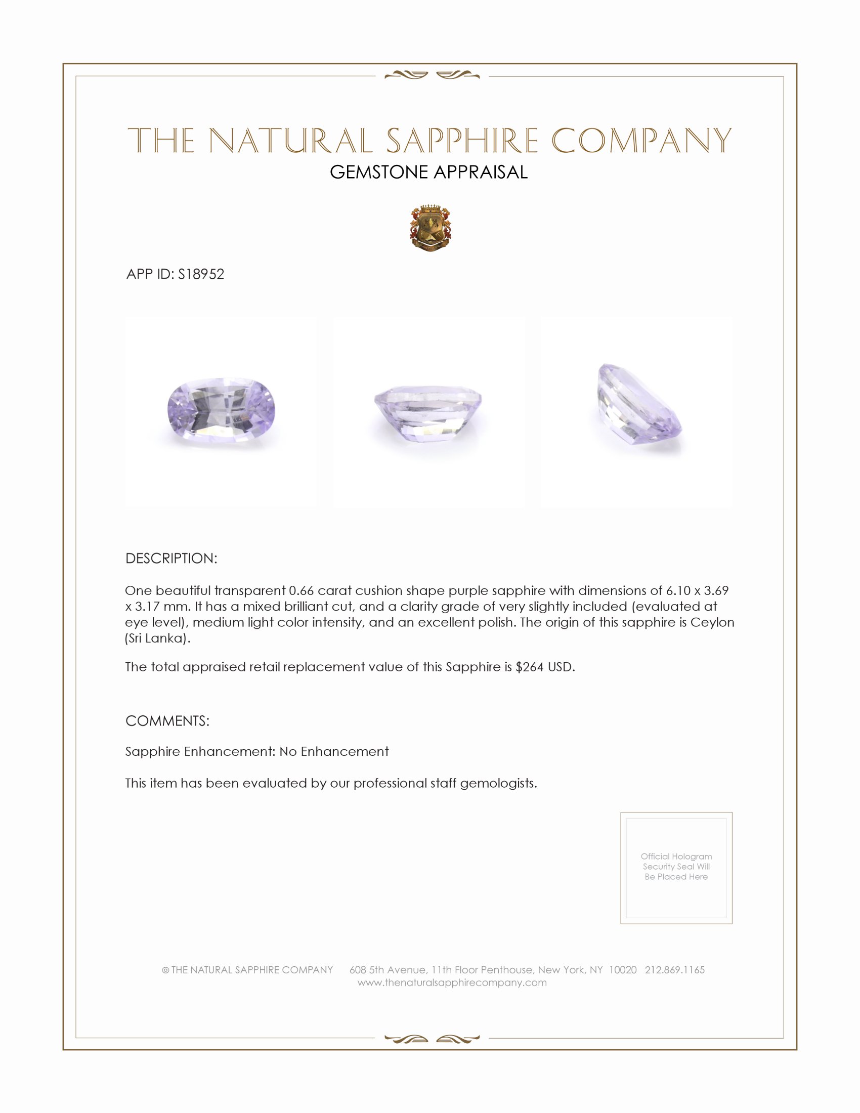 0.66 Ct. Purple Sapphire from Ceylon (Sri Lanka)