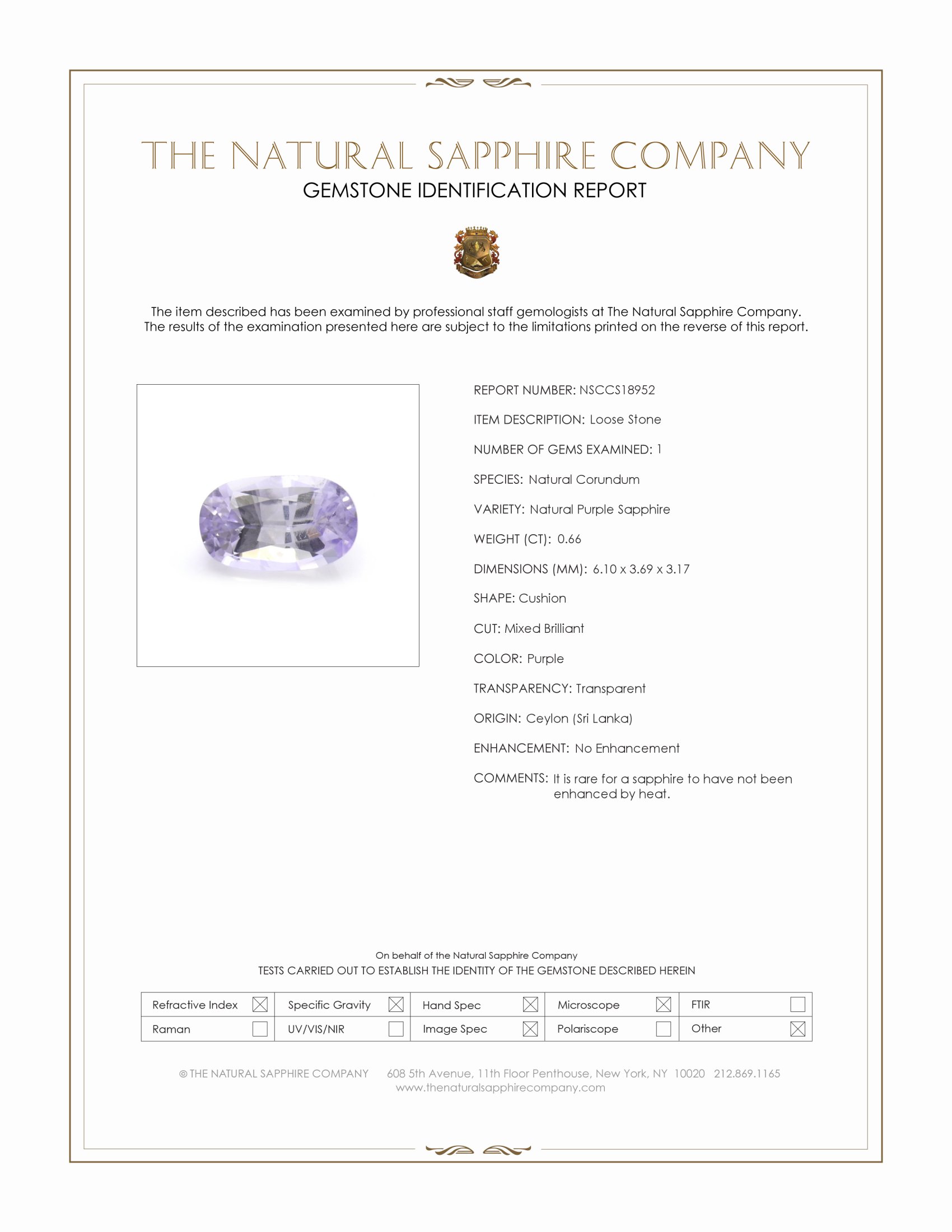 0.66 Ct. Purple Sapphire from Ceylon (Sri Lanka)