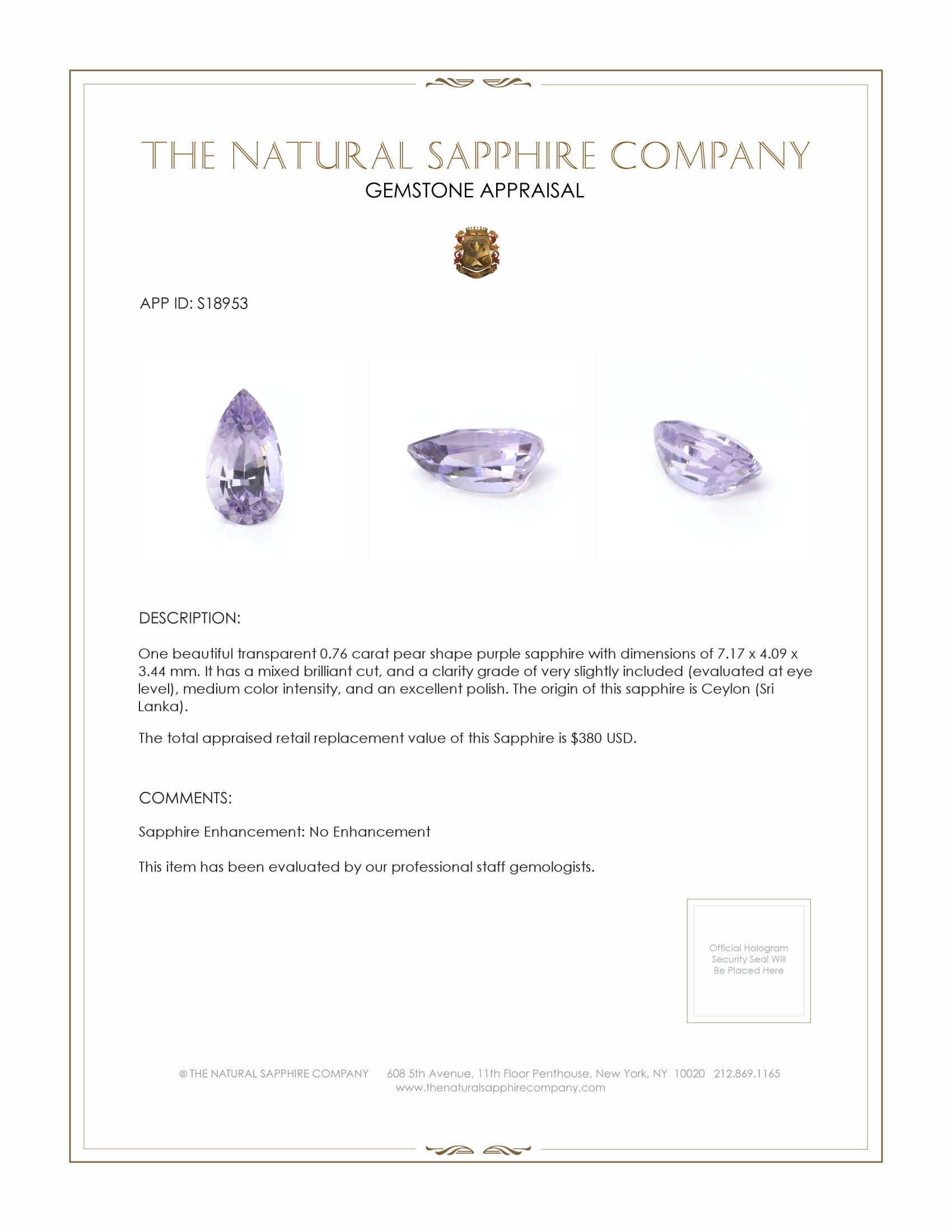 0.76 Ct. Purple Sapphire from Ceylon (Sri Lanka)