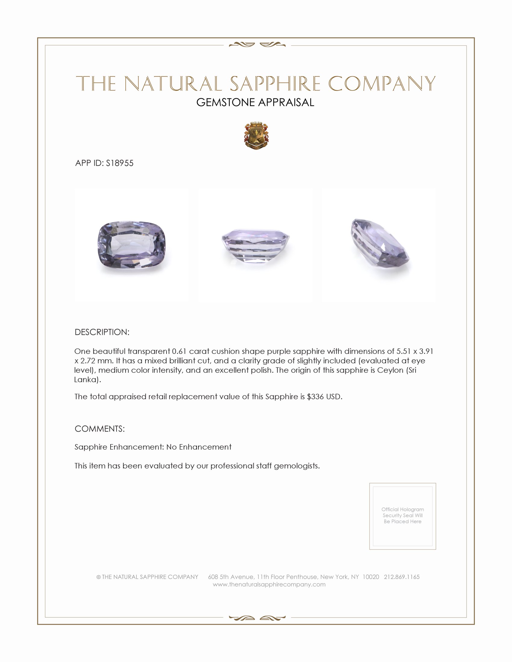 0.61 Ct. Purple Sapphire from Ceylon (Sri Lanka)