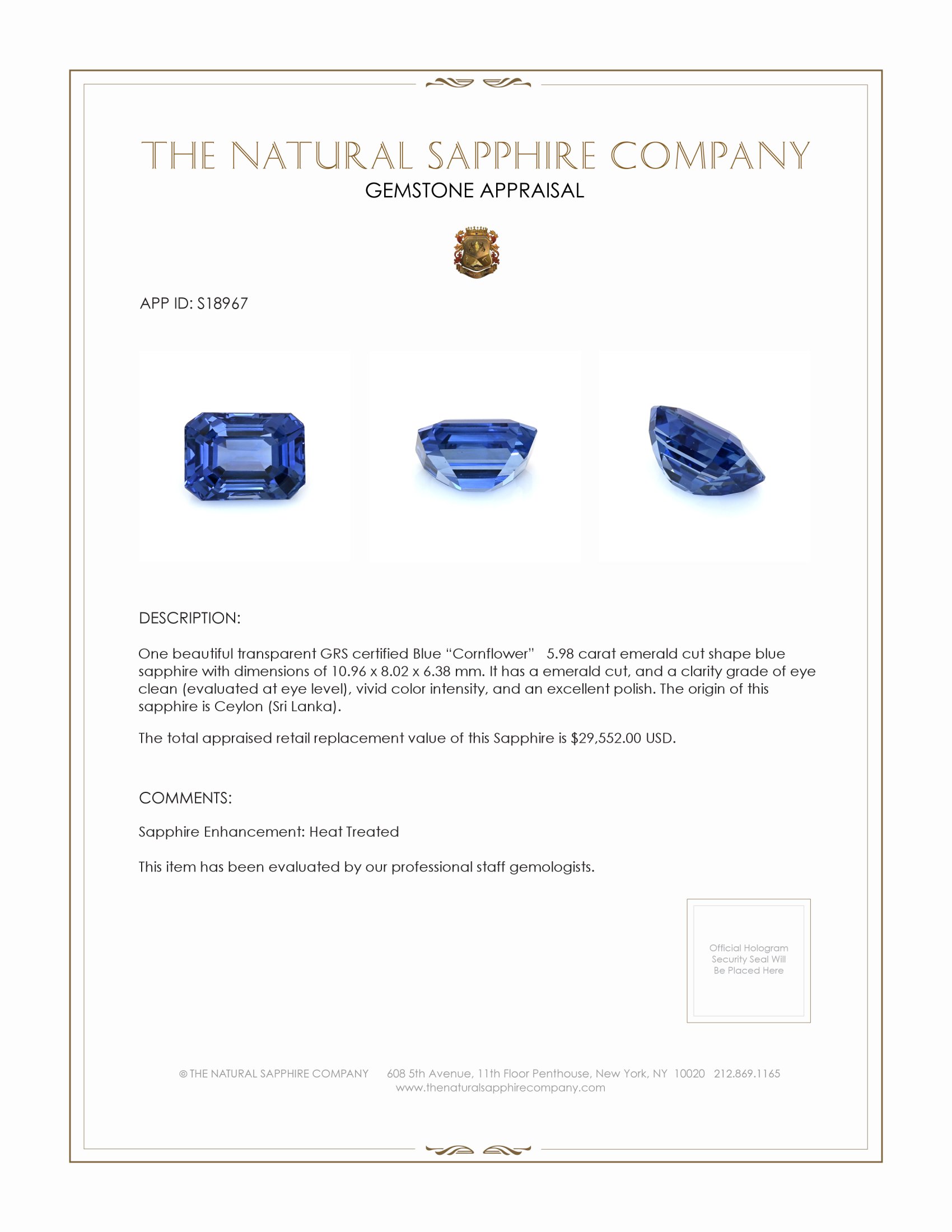 5.98 Ct. Blue Sapphire from Ceylon (Sri Lanka)