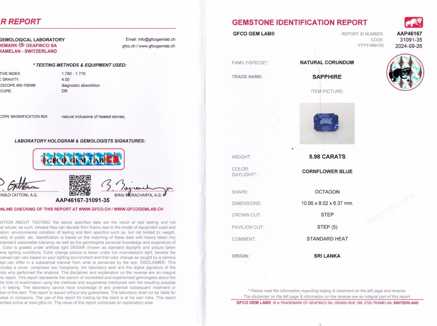 5.98 Ct. Blue Sapphire from Ceylon (Sri Lanka)