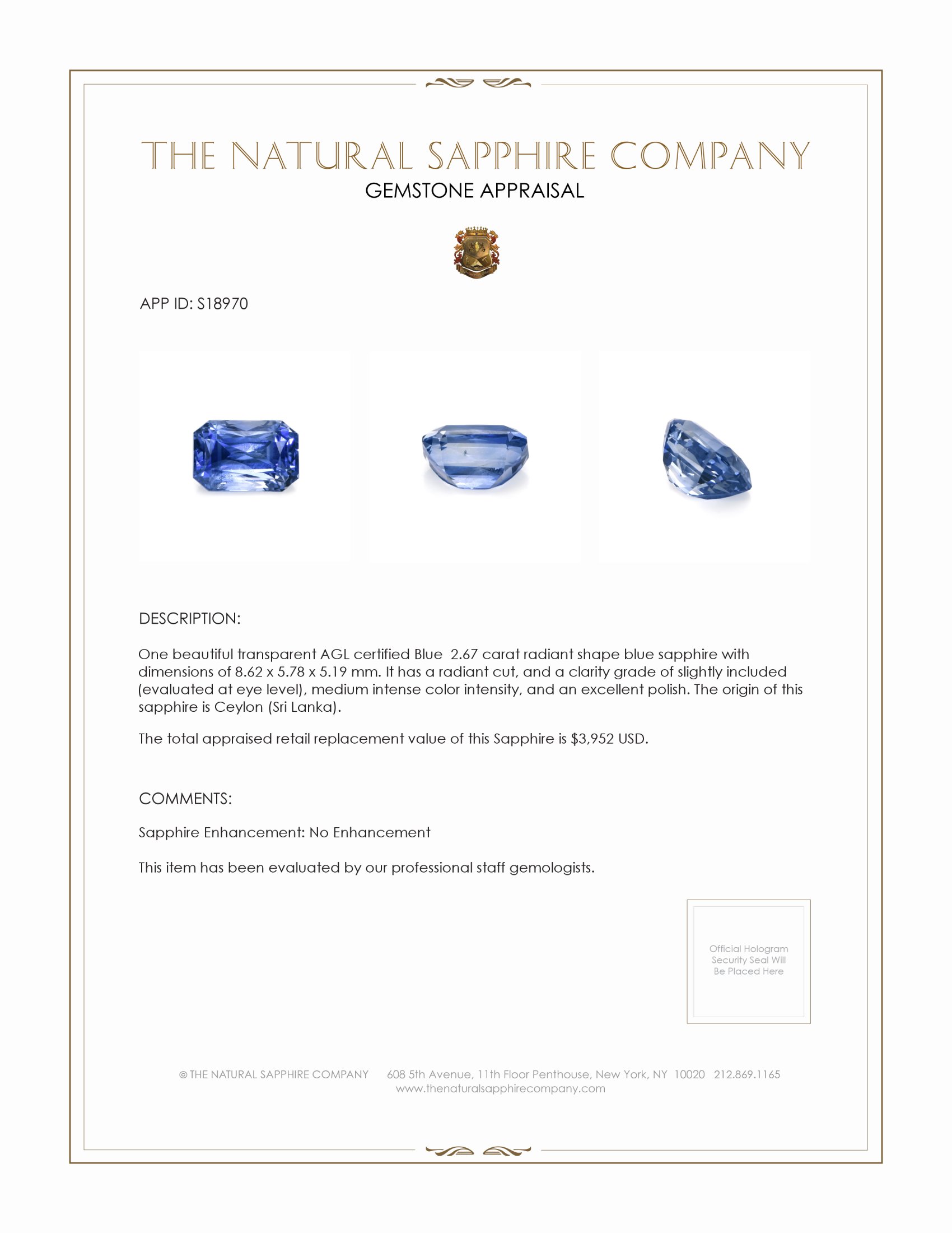 2.67 Ct. Blue Sapphire from Ceylon (Sri Lanka)