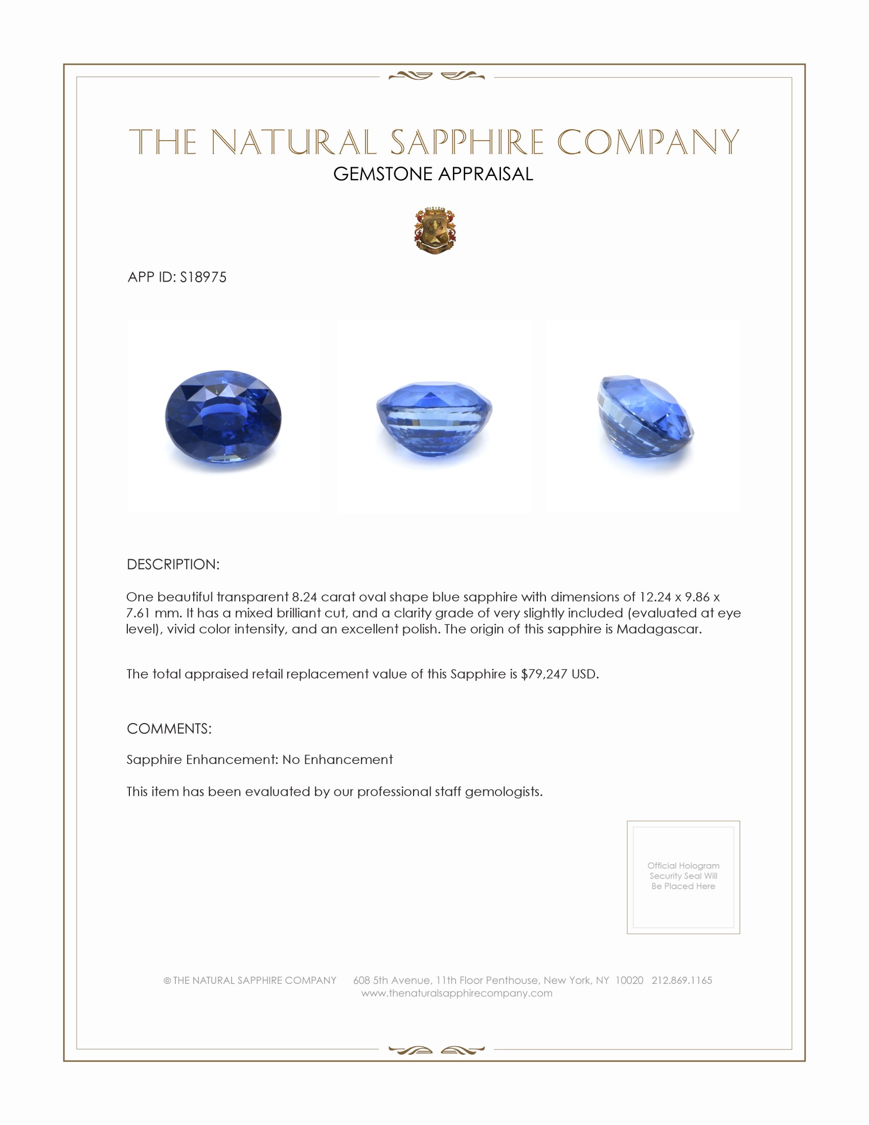 8.24 Ct. Blue Sapphire from Madagascar