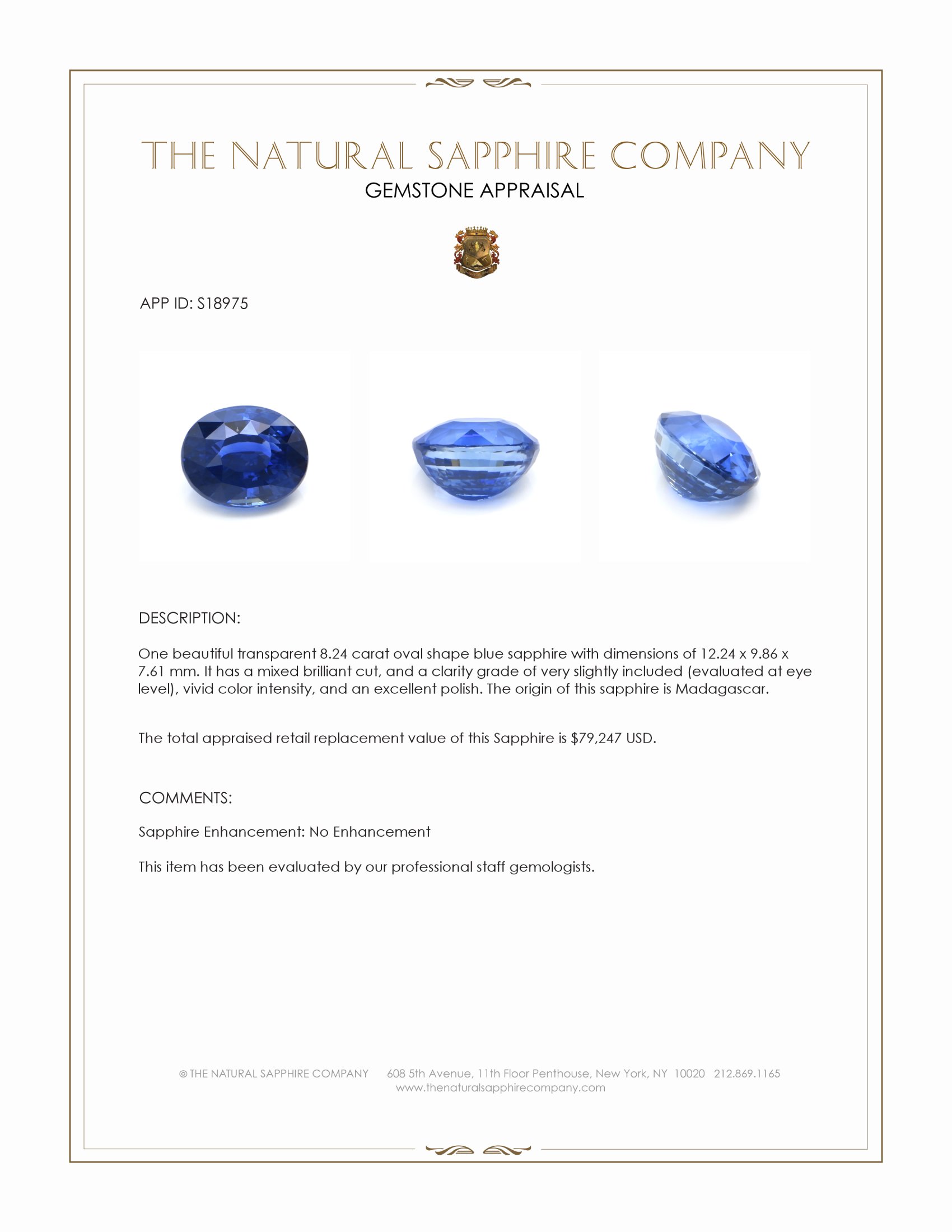 8.24 Ct. Blue Sapphire from Madagascar