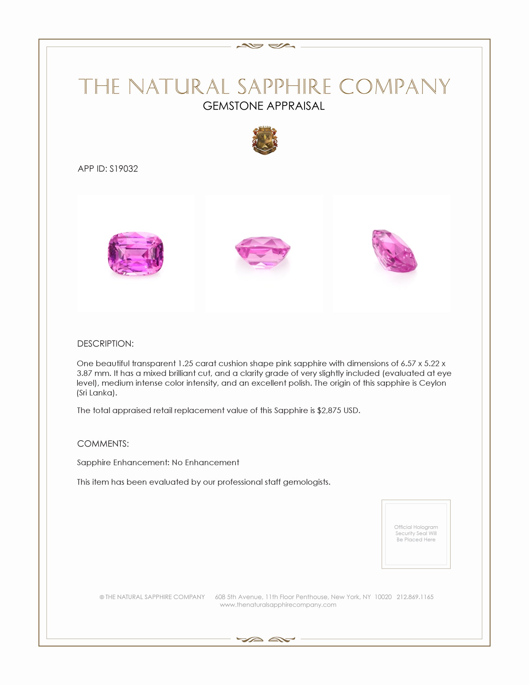 1.25 Ct. Pink Sapphire from Ceylon (Sri Lanka)