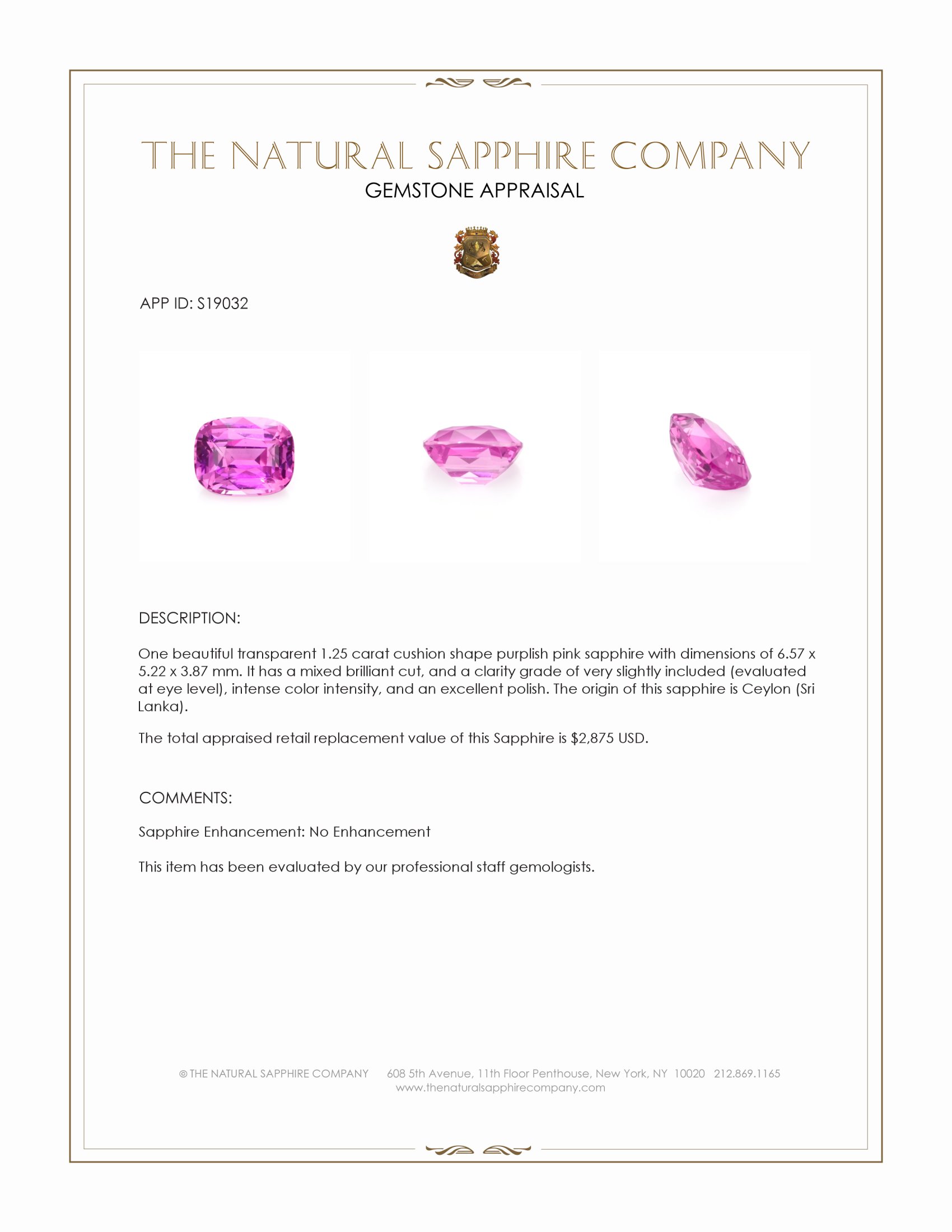 1.25 Ct. Purplish Pink Sapphire from Ceylon (Sri Lanka)
