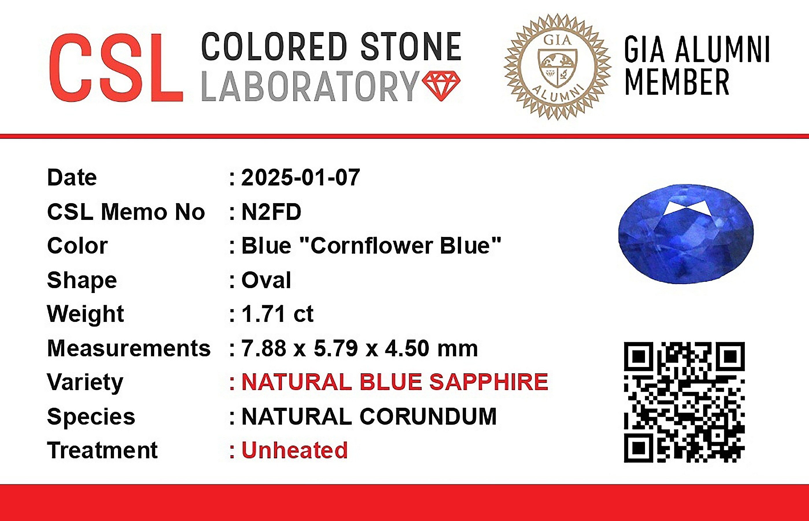 1.70 Ct. Blue Sapphire from Ceylon (Sri Lanka)