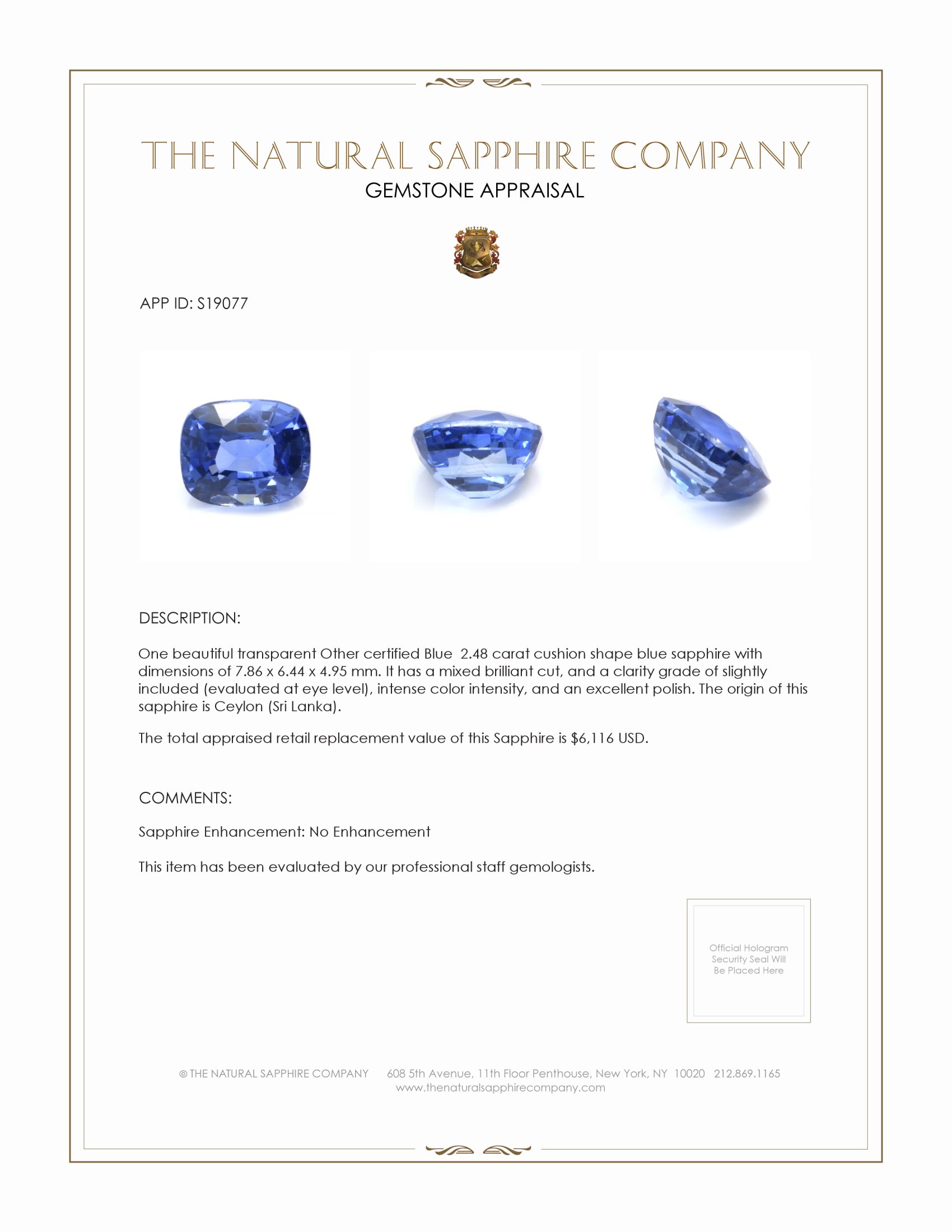 2.48 Ct. Blue Sapphire from Ceylon (Sri Lanka)