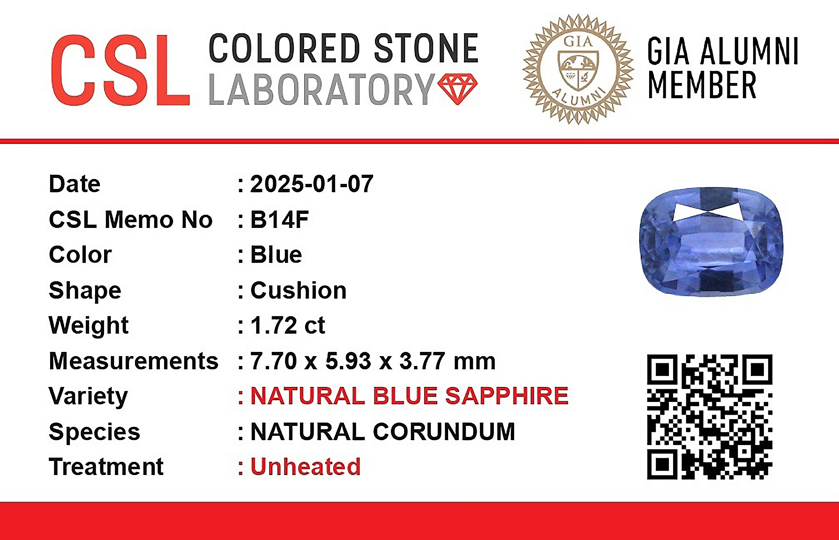 1.72 Ct. Blue Sapphire from Ceylon (Sri Lanka)