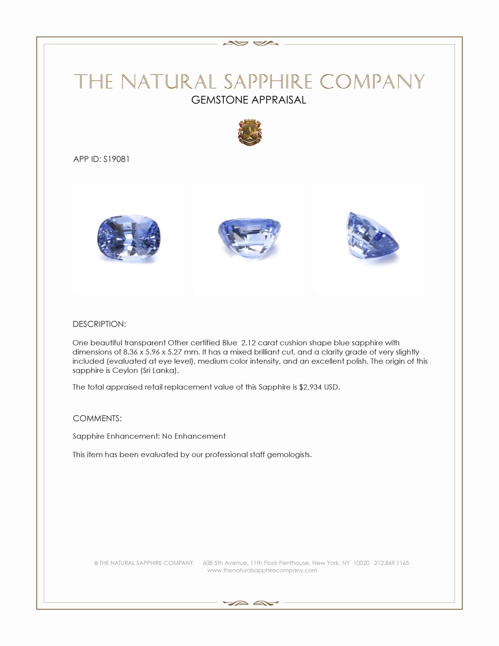 2.12 Ct. Blue Sapphire from Ceylon (Sri Lanka)