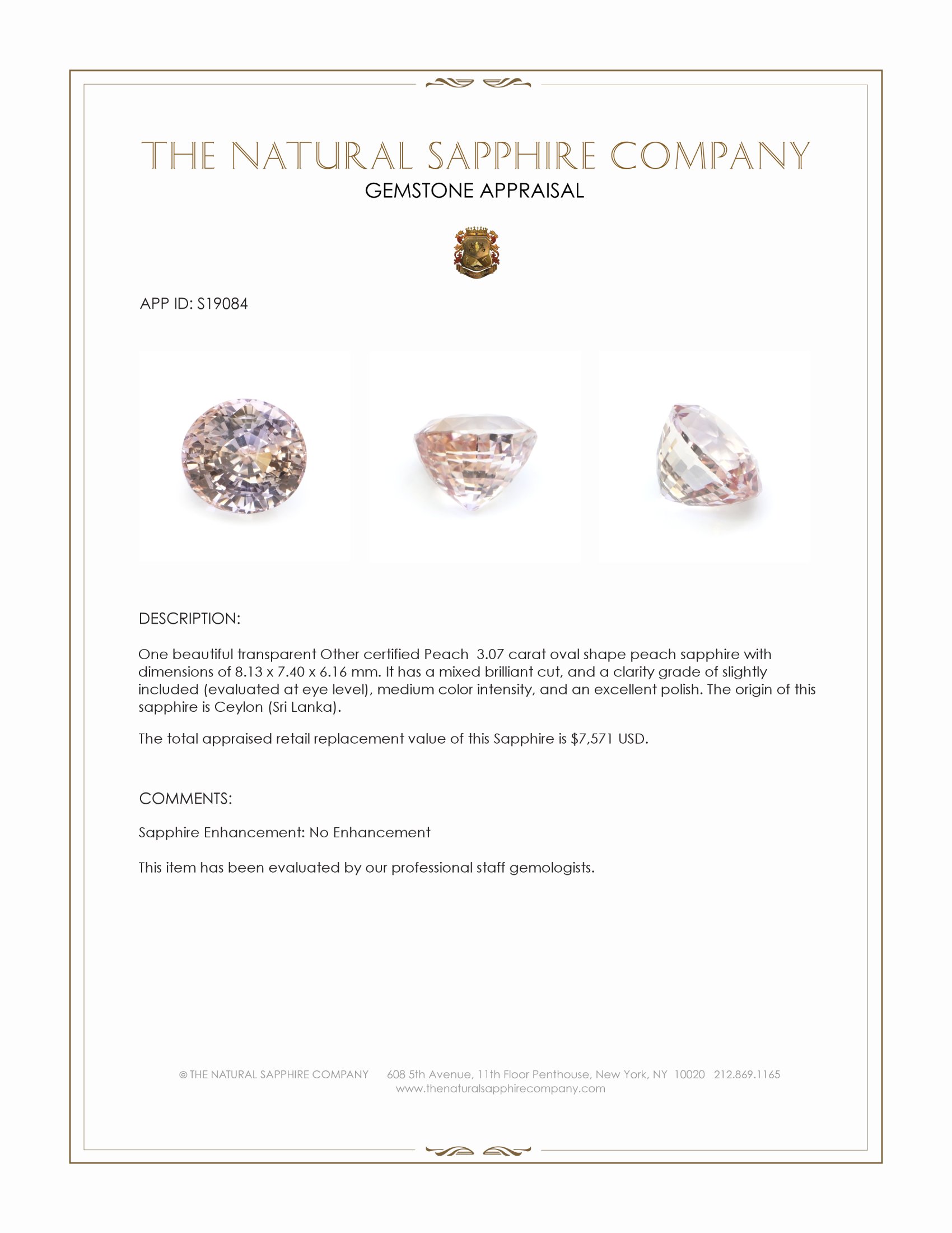 3.07 Ct. Peach Sapphire from Ceylon (Sri Lanka)