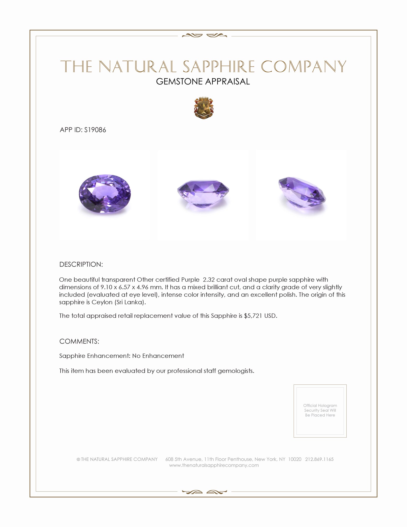 2.32 Ct. Purple Sapphire from Ceylon (Sri Lanka)