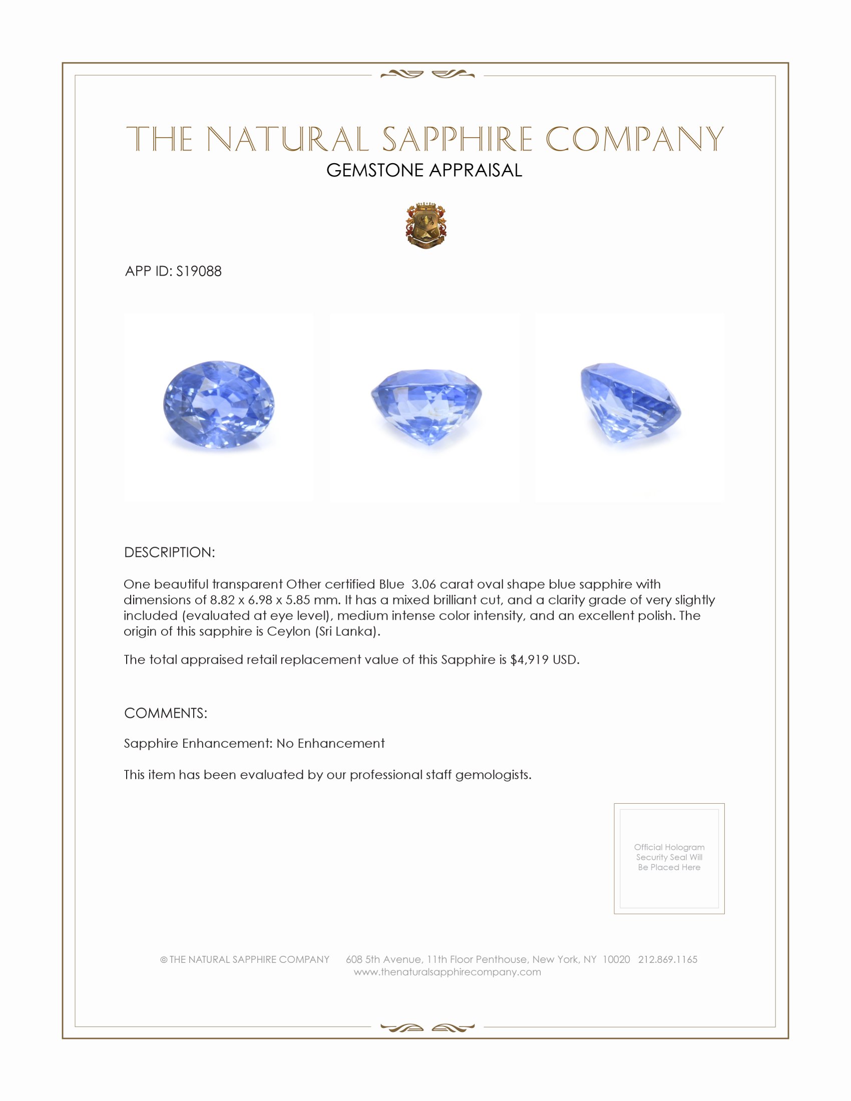 3.06 Ct. Blue Sapphire from Ceylon (Sri Lanka)